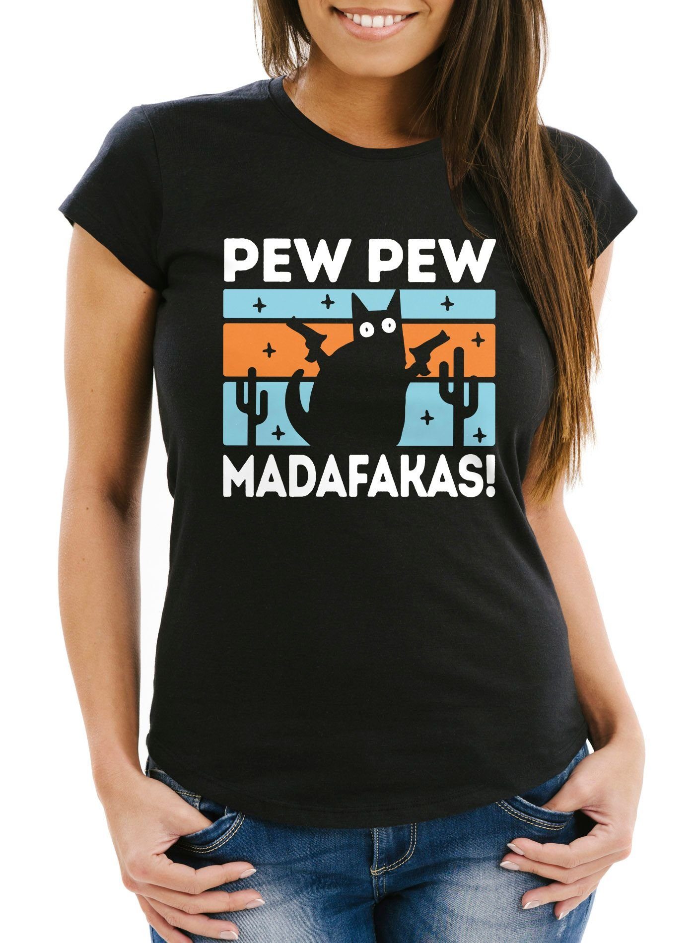Print-Shirt Damen T-Shirt Spruch Pew Pew Madafakas Katze Cat crazy verrückt Frauen Fun-Shirt lustig Moonworks®