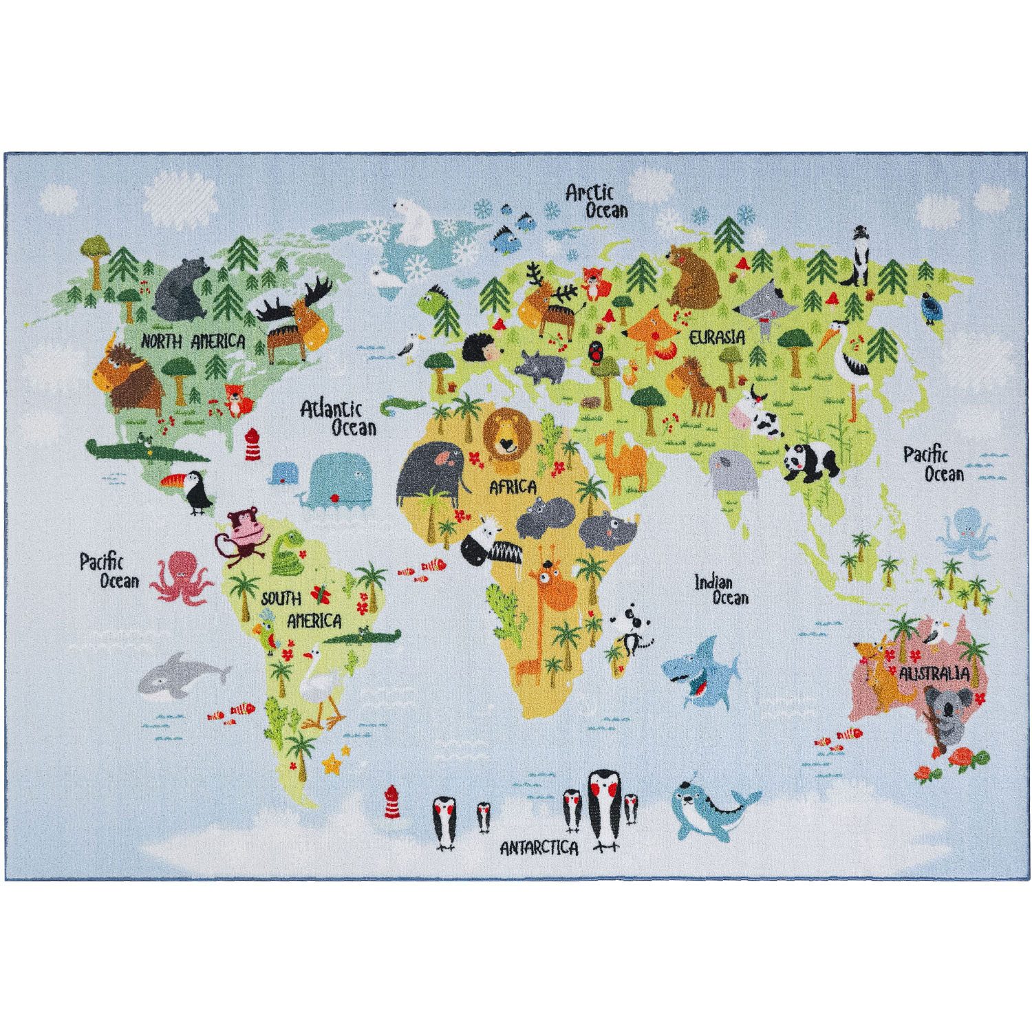 Teppich Weltkarte mit Tierdesign, SIMPEX24, Rechteckig, Höhe: 7 mm, Kinderteppich Weltkarte mit Tierdesign Teppich Kinderzimmer Rutschfest