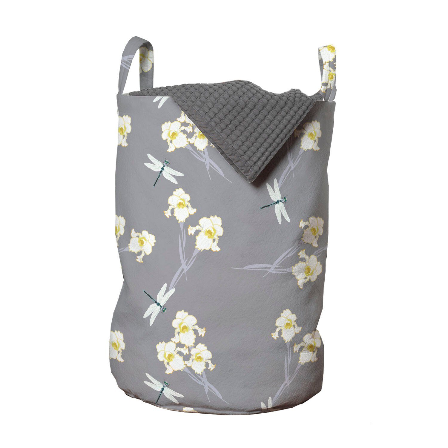 Abakuhaus Wäschesäckchen Wäschekorb mit Griffen Kordelzugverschluss für Waschsalons, Blumen Insekten Iris Libellen | Wäschesäcke