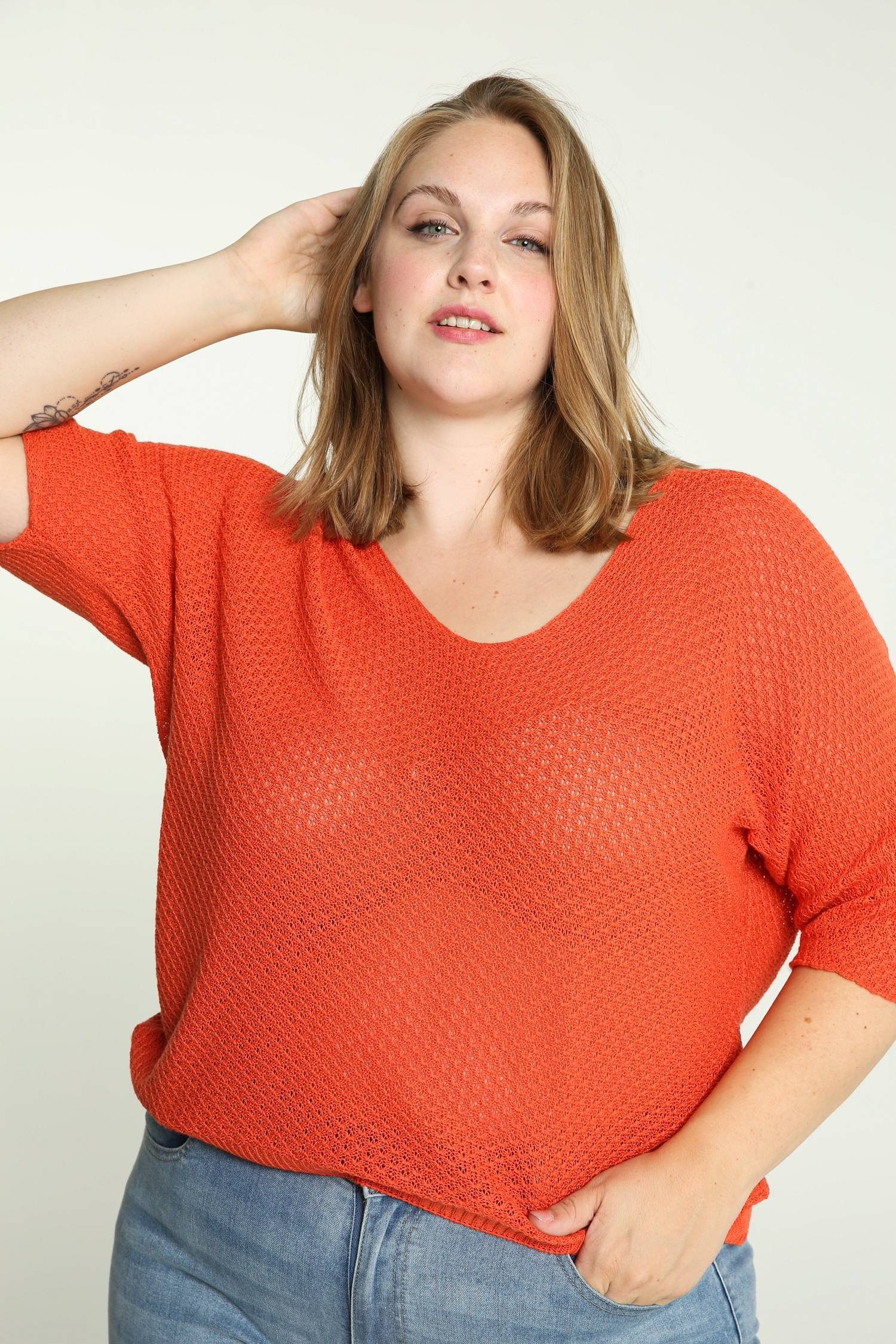 Orange Shirtbluse Paprika Pullover (1-tlg) Unifarbener Lockerer,