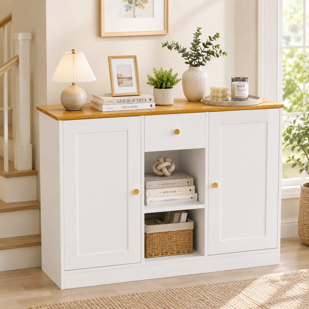 Yorbay Sideboard Kommode mit Doppeltür, 1 Schublade und 2 offenen Regalböden (Set, Weiß und helle Holzfarbe), Weißer Schrank mit 3 goldenen Griffen 108x35x75cm (BxTxH)