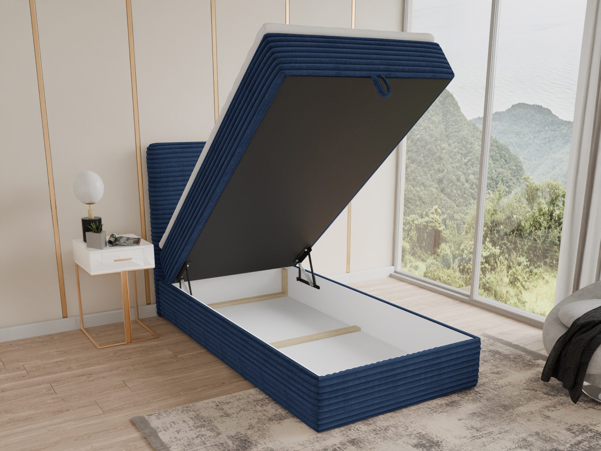 Sofnet Boxbett Mollo Mini (großer Bettkasten, Bonell-Matratze und Topper), Einzelbett, Polsterbett mit Kopfteil, Boxspringbett, Cordstoff