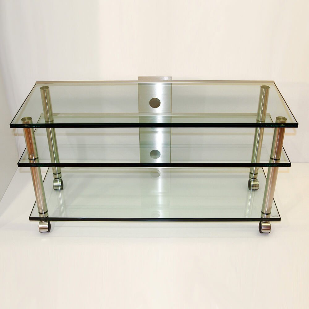 Design Objekte TV-Rack Glasmöbel TV-Board mit Edelstahlsäulen und Parkettrollen Breite 110 cm, Breite 110 cm Schwarzglas