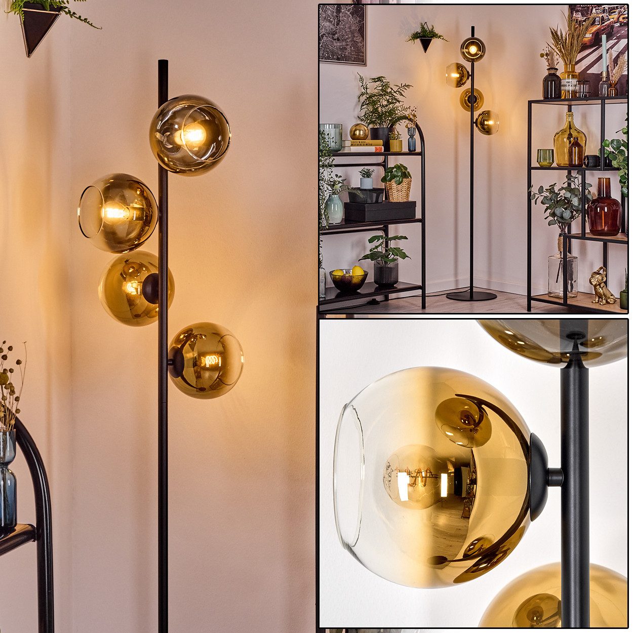 hofstein Stehlampe Stehlampe aus Metall/Glas in Schwarz/Gold/Klar, Retro/Vintage-Design, ohne Leuchtmittel, moderne Stehleuchte, Ø Schirme 15 cm, Fußschalter, 160 cm, E14