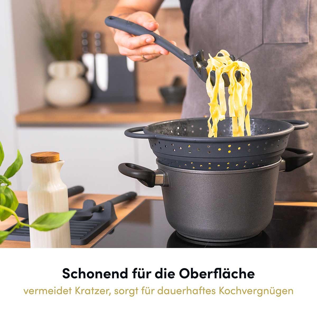Hoffmann Germany Nudellöffel Pastalöffel Silikon Edelstahl 29,5 cm anthrazit, Portionshilfe 110g, Topfhaken, kratzerfrei, spülmaschinengeeignet – Bild 4 von 5