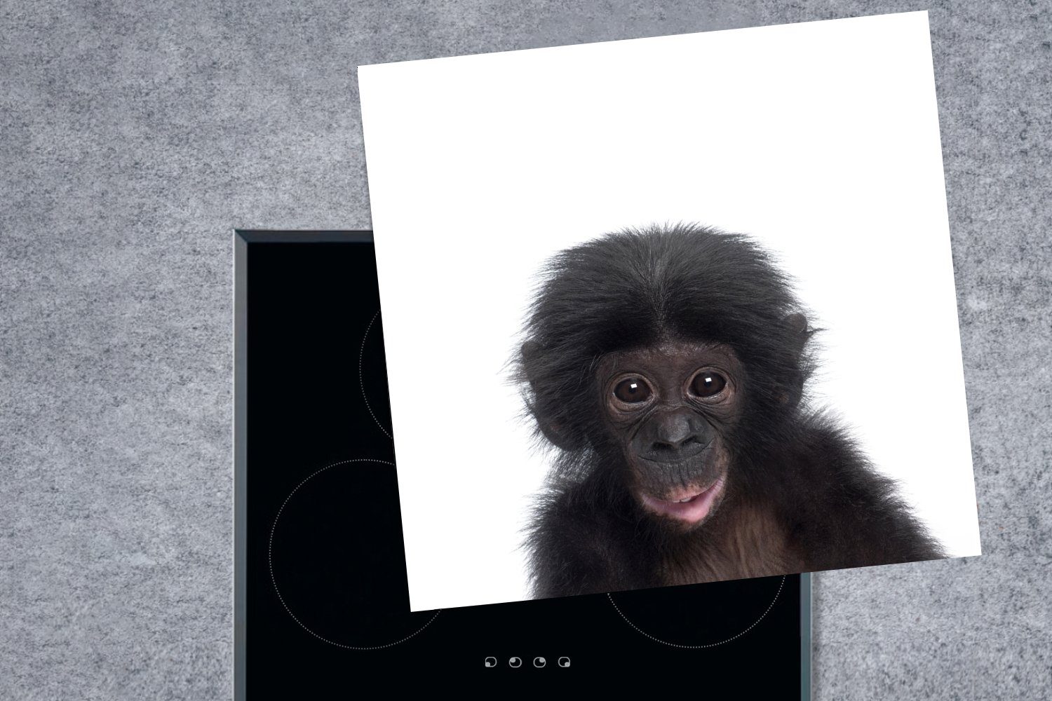 MuchoWow Herdblende-/Abdeckplatte Affe - Tiere Schimpanse für Kind küche 78x78 cm, Arbeitsplatte Vinyl, Ceranfeldabdeckung, Junge, - (1 - tlg), 
