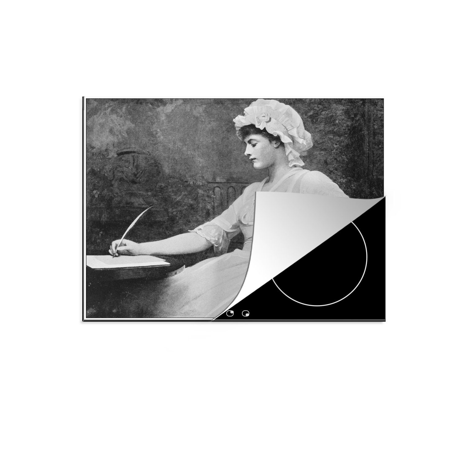schreibenden Herdblende-/Abdeckplatte Ceranfeldabdeckung Vinyl, tlg), nutzbar, Frau, Mobile Arbeitsfläche (1 einer cm, 60x52 Illustration MuchoWow Antike