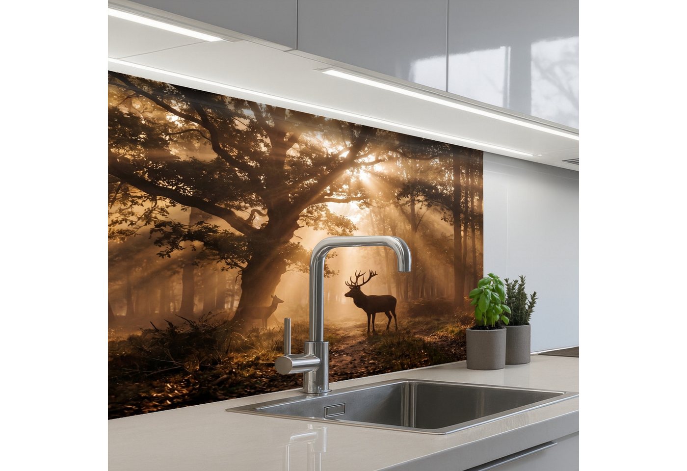 KitchenYeah Küchenrückwand selbstklebend (keine Folie) Hirsch - Wald - Neblig - Natur - Gold, (1-tlg), Spritzschutz, Küche, Rückwand, Küchenwand, Küchenfront, 80x60 cm