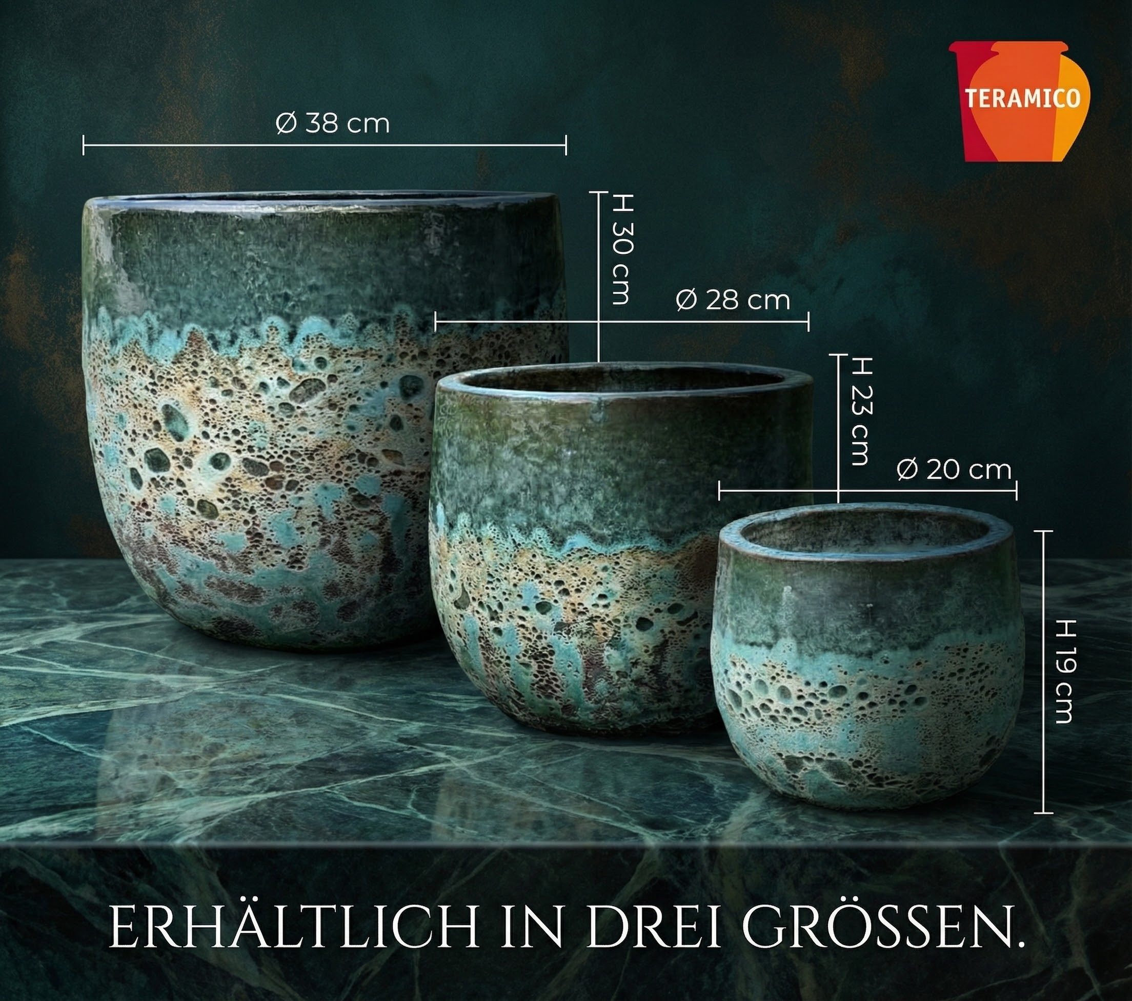 Teramico Blumentopf Pflanzgefäß "Brooklyn" Grün – Ø 20 bis 38 cm – Geätzte Struktur (1 St), Frostfest, UV-Fest