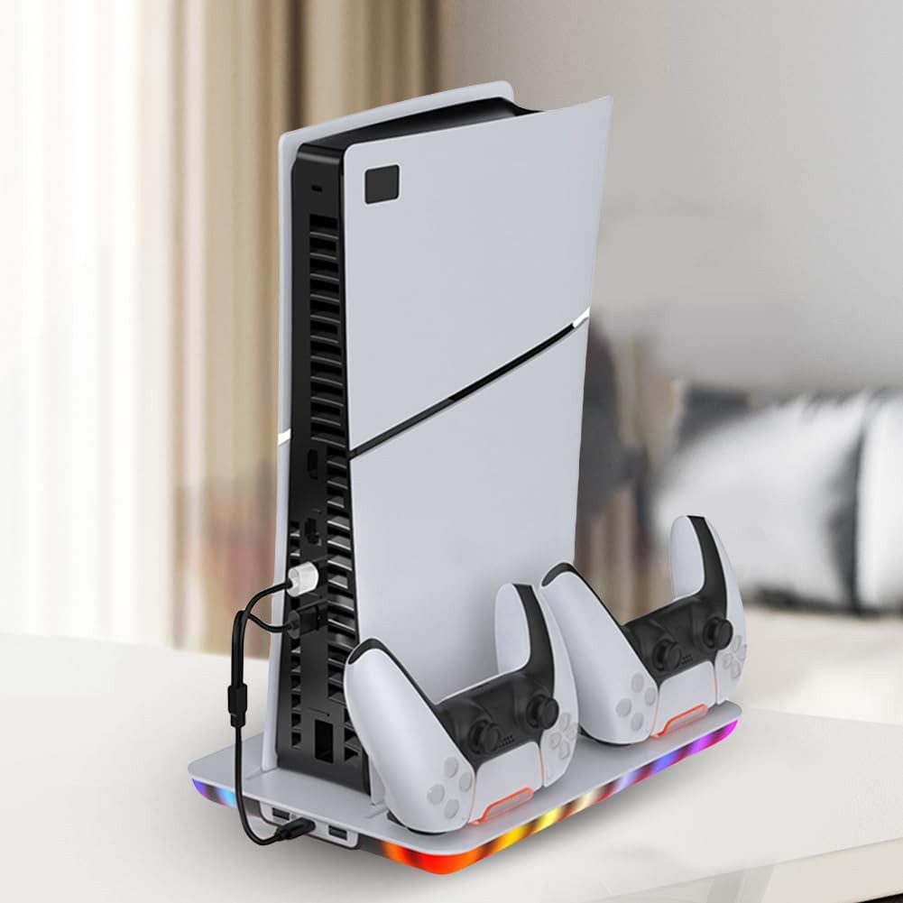 Tenlamp Kühllüfter-Dock für PS5 Slim/PS5, Ladegerät, Ladedock für PS5 Slim Controller (Set, 6 St., RGB-Beleuchtungsmodus, einstellbare Luftgeschwindigkeit in 3 Stufen)