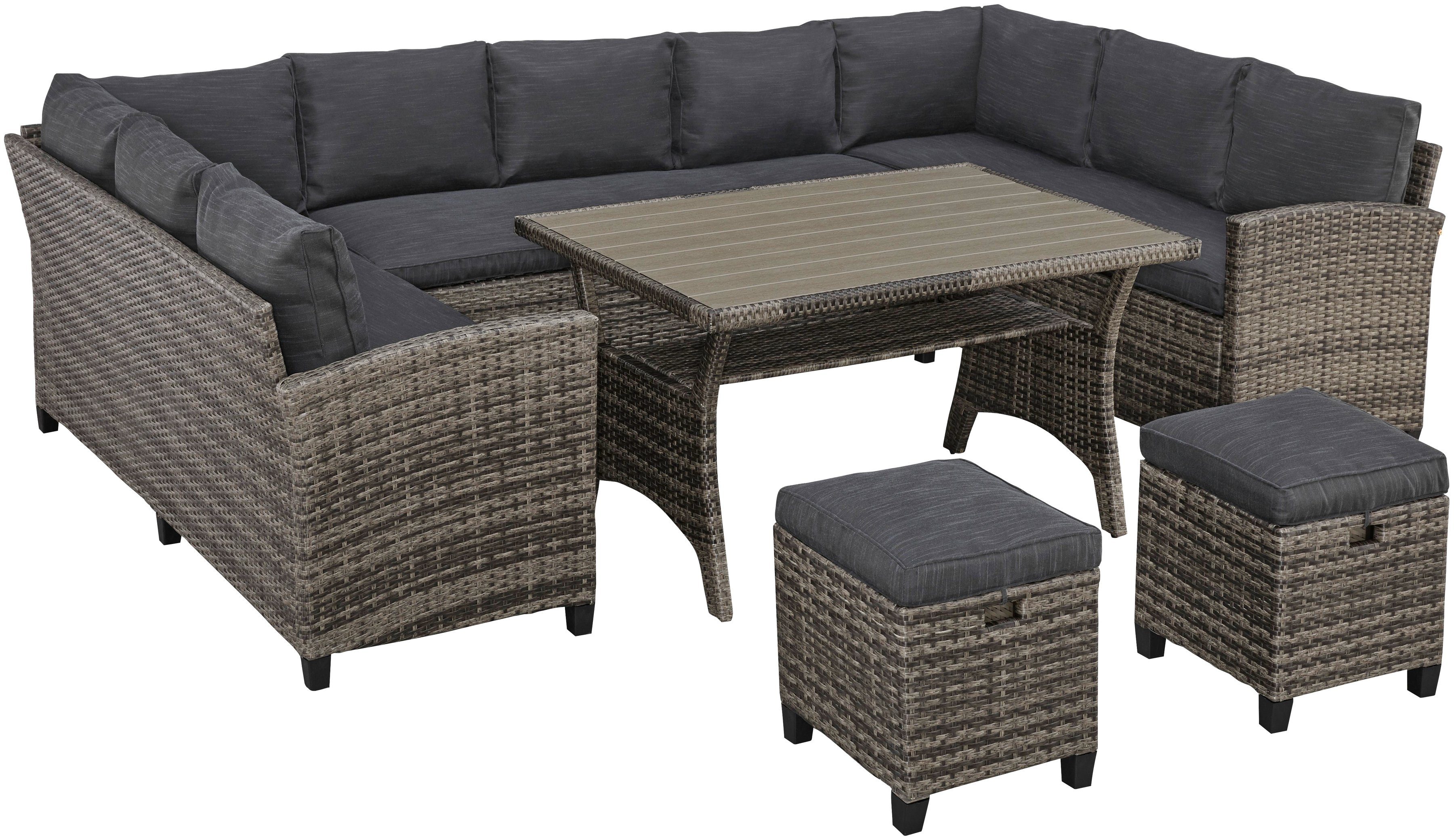 120x82 Sofas, Polyrattan KONIFERA cm, anthrazit | Tisch 3 Gartenlounge-Set Rotterdam, grau Hocker, 2 (20-tlg),