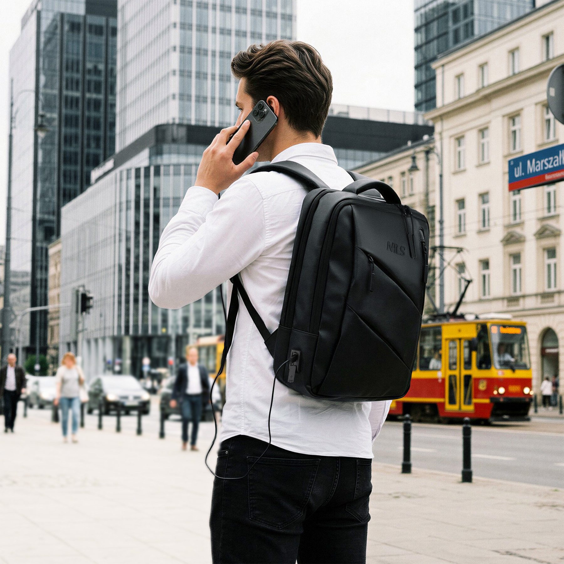 NILS CAMP Rucksack Laptoprucksack Businessrucksack Notebookrucksack (Spar-Set, 1-tlg., 42 x 30 x 15 cm leicht), USB- & USB-C-Anschluss, Laptopfach, Kofferbefestigung