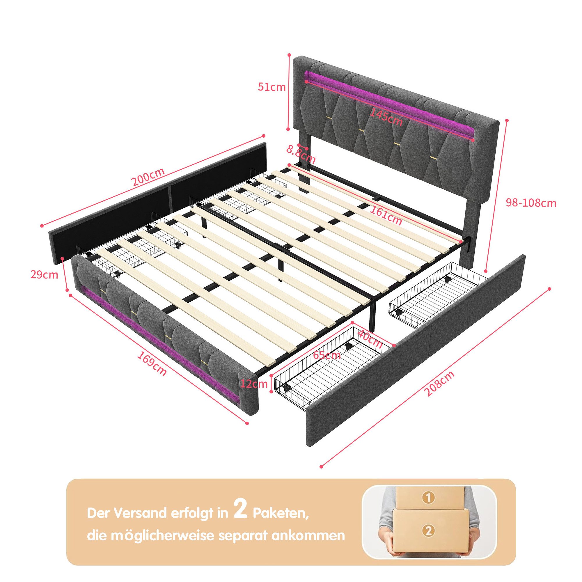 Gdood Polsterbett Stauraumbett Doppelbett LED (Vier extra große Schubladen unter dem Bett), Mit LED-Beleuchtung, Stauraum, Leinen, 160x200 cm – Bild 3 von 5