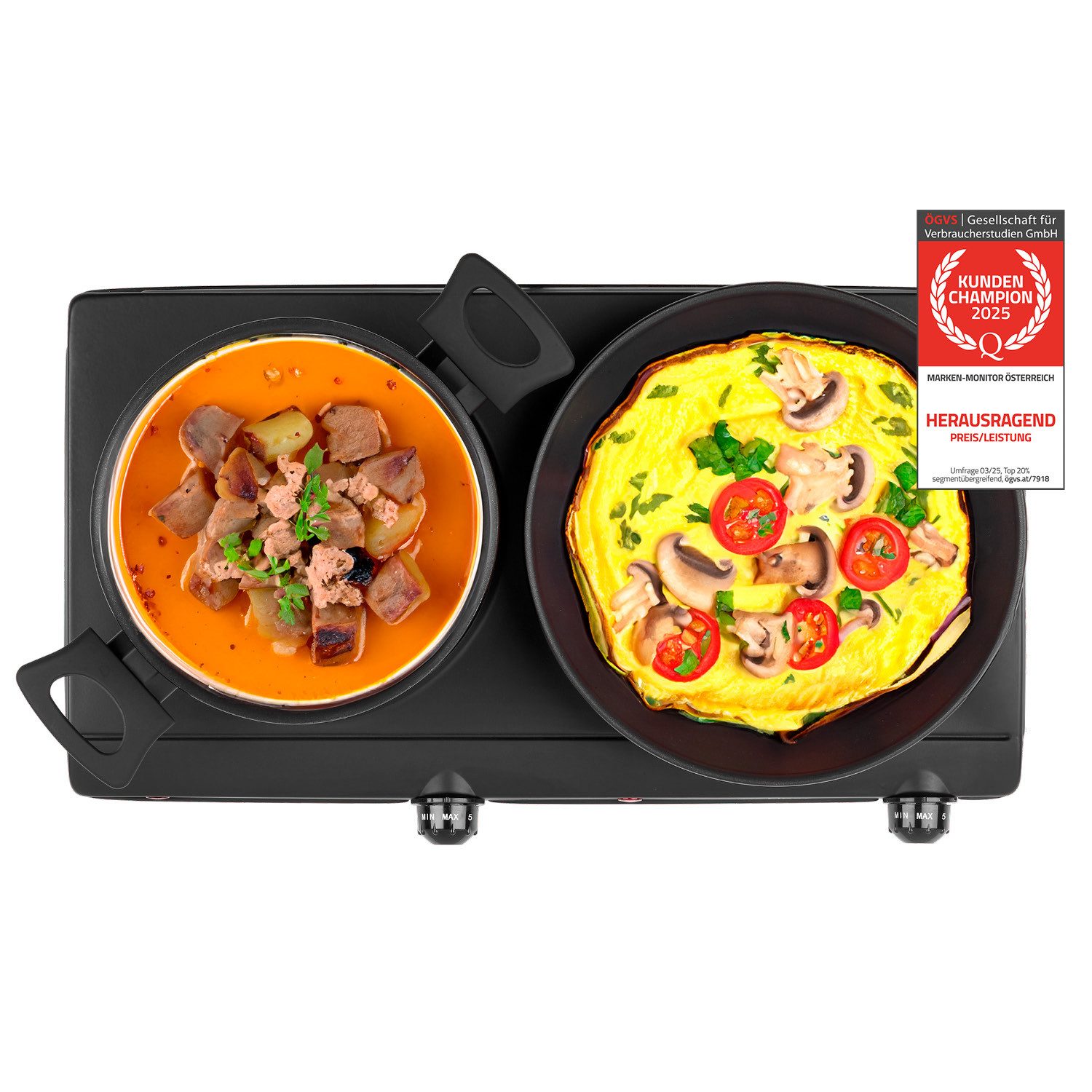 TZS FIRST AUSTRIA Doppelkochplatte Infrarot Kochplatte, 2500W, Keramik, stufenlose Temperaturregelung, Kochfeld Schwarz, Herdplatte für Camping
