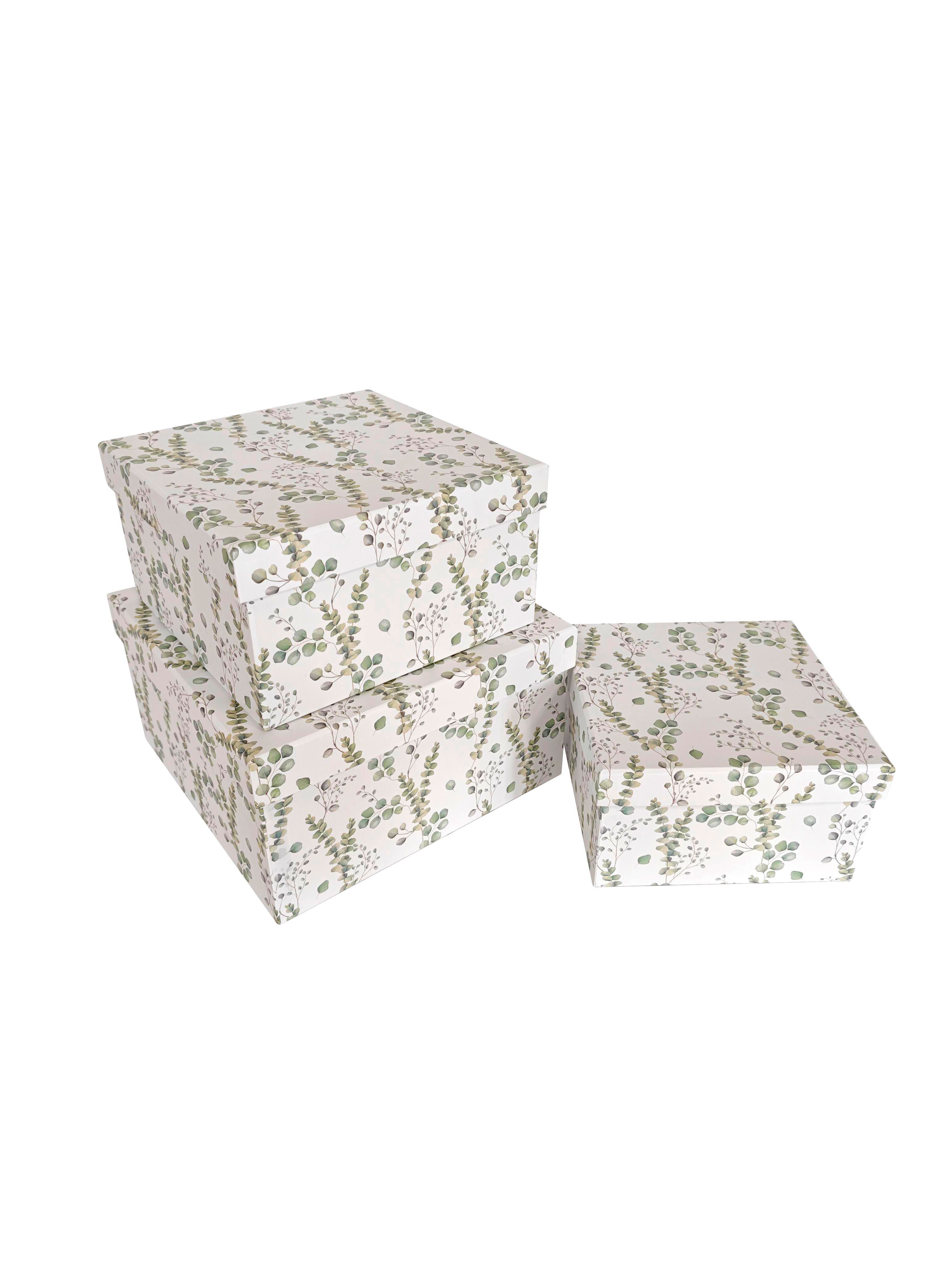 PapeRoom Geschenkbox 3er Set weiß mit Eukalyptusblättern - quadratisch