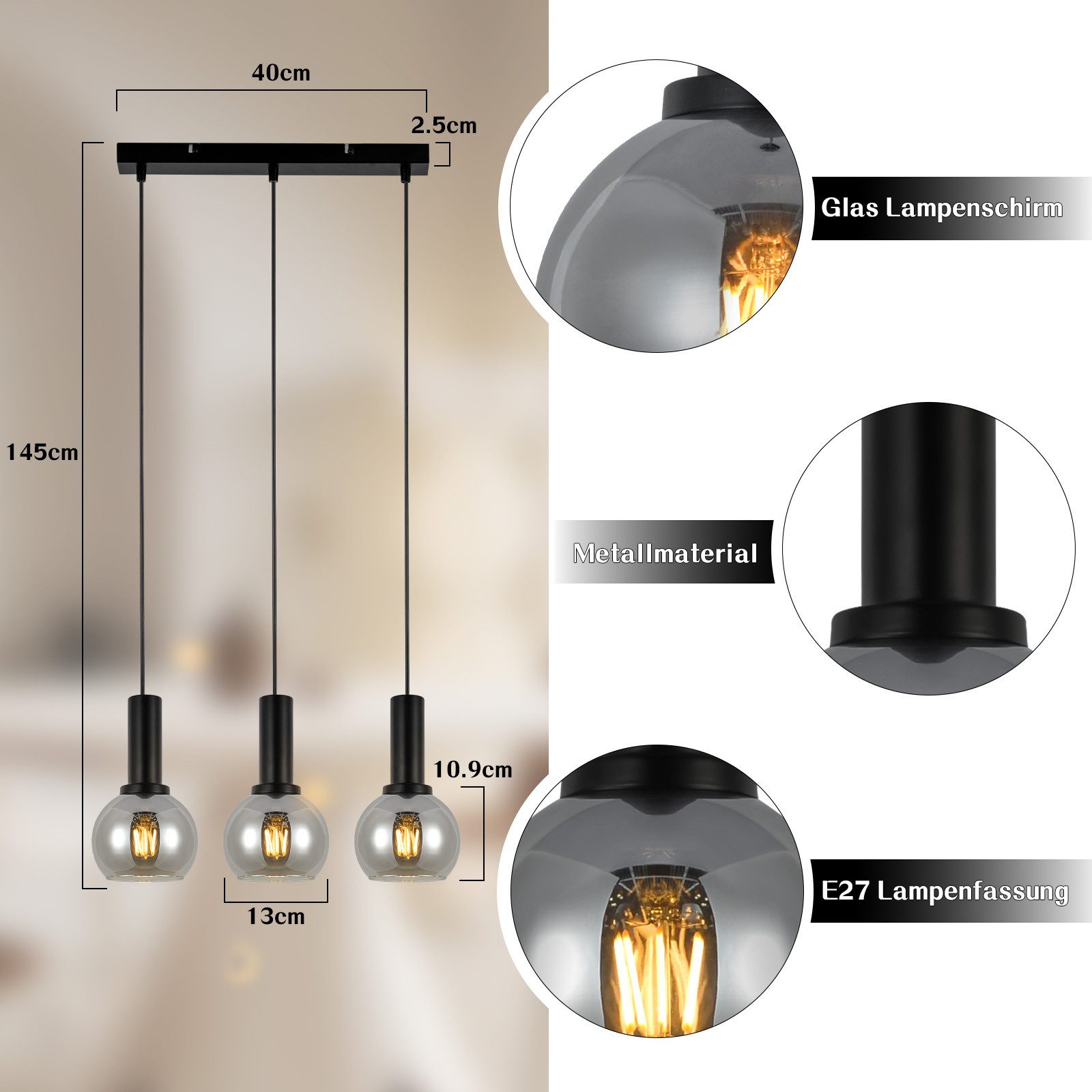Nettlife Pendelleuchte Vintage Esstisch Glas Schwarz Industrial E27 Wohnzimmer, Höhenverstellbar, LED wechselbar, Esstischlampe für Wohnzimmer Küche