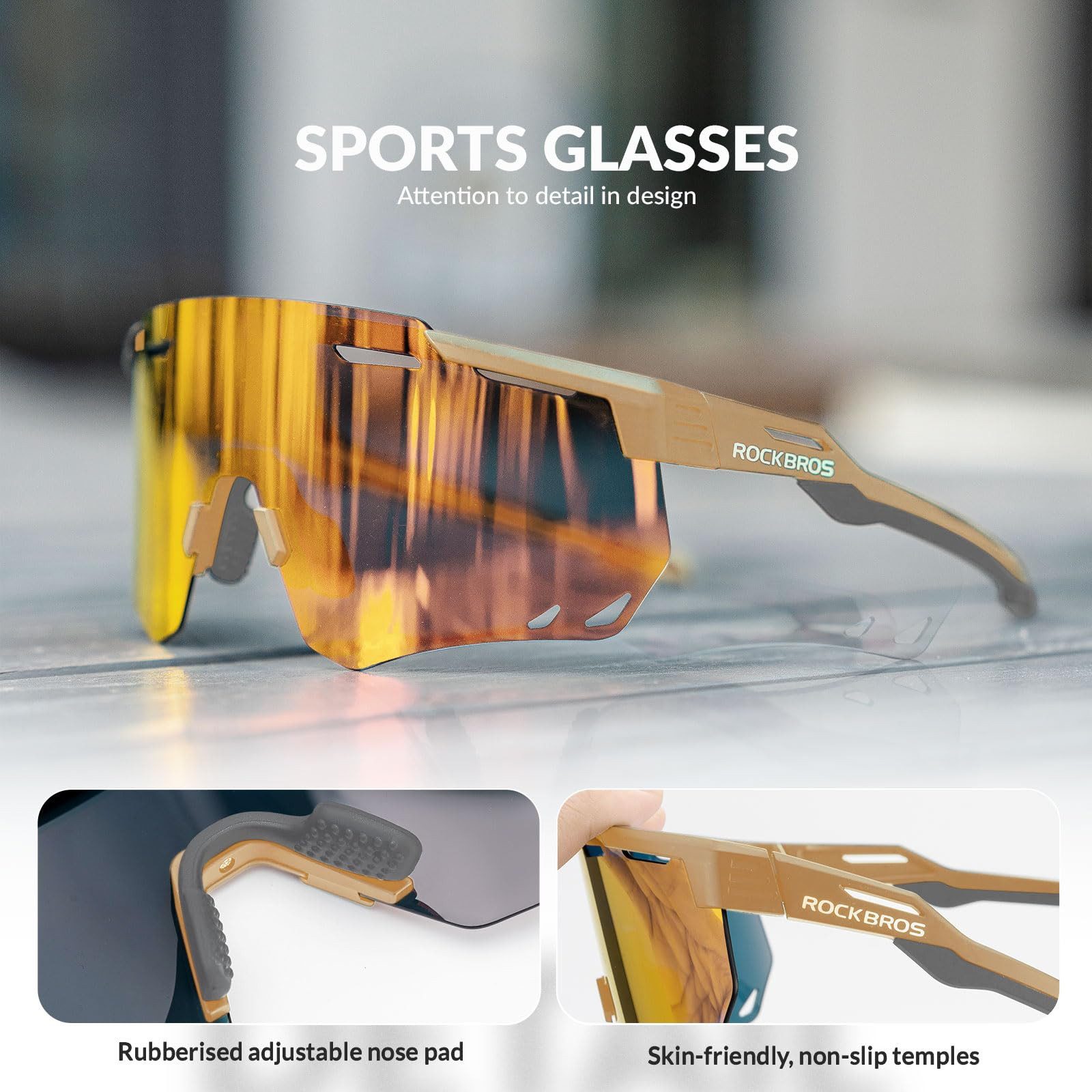 ROCKBROS Fahrradbrille Sportbrille Herren Damen Fahrrad MTB Rennrad Outdoor TR90 Rahmen, selbsttönend, UV400 Schutz, verstellbare Nasenpads, leicht