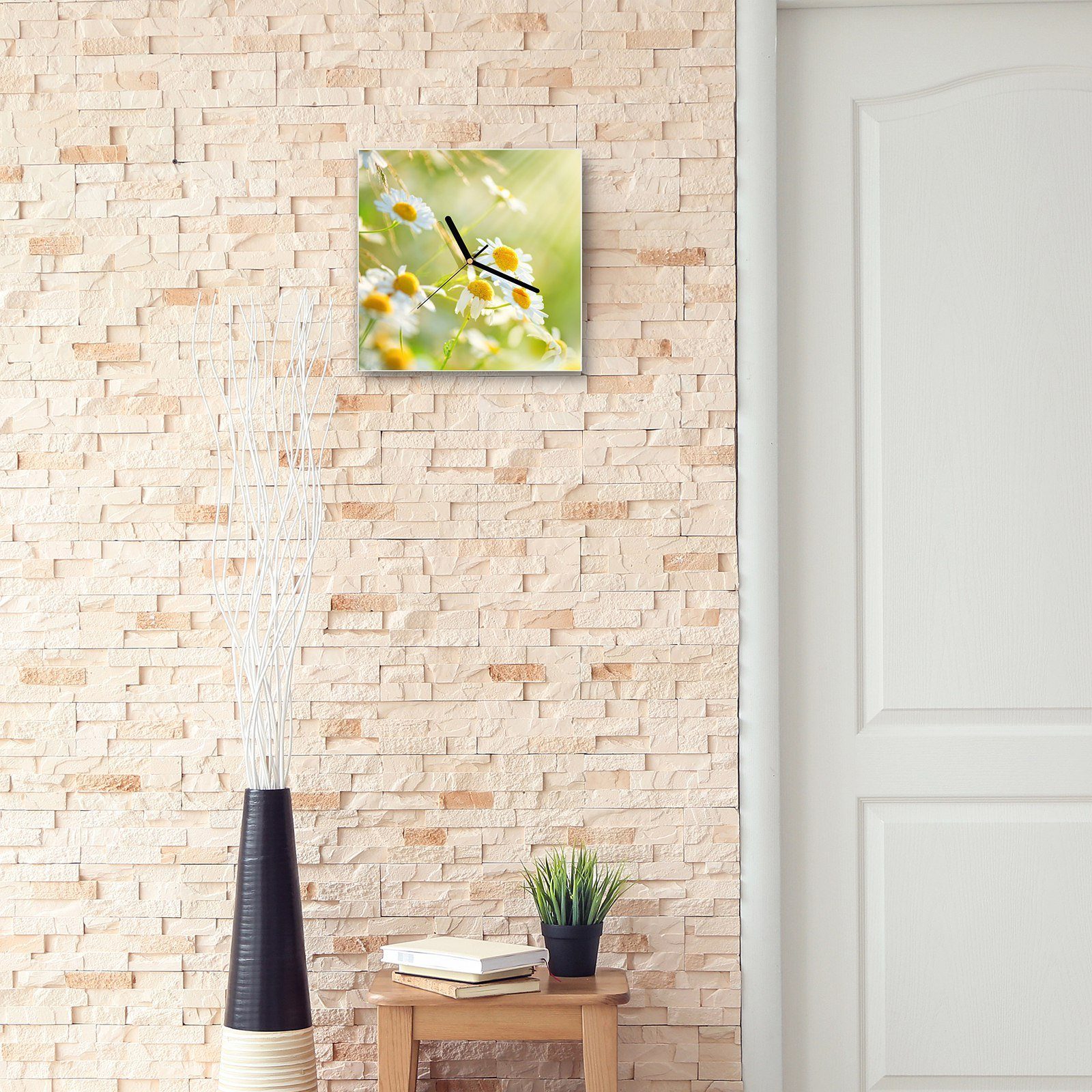 mit Wanduhr x 30 cm Motiv im Blüten Wanduhr Primedeco Sonnenschein Größe 30 Wandkunst Glasuhr