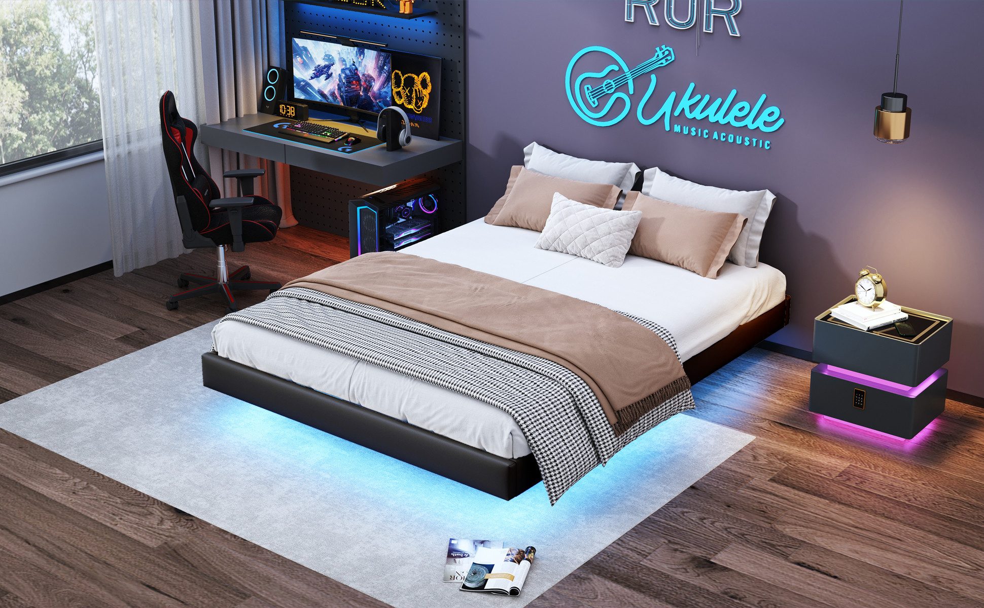 FUROKOY Polsterbett 160x200 cm LED Hydraulisches günstig online kaufen