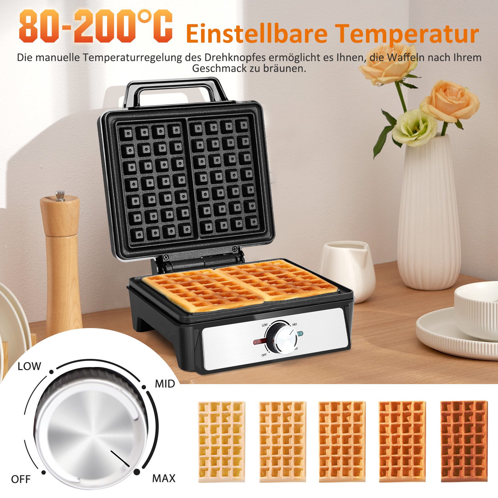Aigostar Waffeleisen für 2 belgische Waffeln, Waffelautomat mit einstellbarer Temperatur, 1600 W, Waffelautomat mit einstellbarer Temperatur, LED-Anzeige
