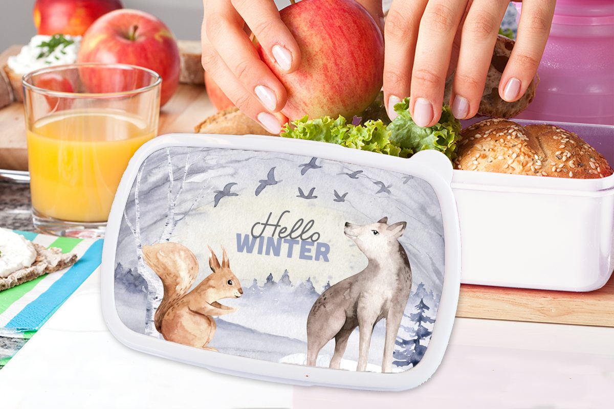 MuchoWow Lunchbox Brotbox Mädchen Kunststoff, Tiere, (2-tlg), weiß - und und Winter Erwachsene, Kinder für Schnee Jungs für - Brotdose