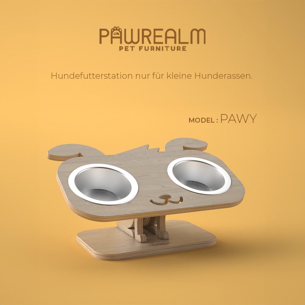 Pawrealm Futterstation Erhöhter Hundenapf & Futterstation–Premium Futterbar aus Holz 2x 370ml, Edelstahl, Erhöht, 2x 370ml näpfe, Birkenholz, Edelstahl, Natural
