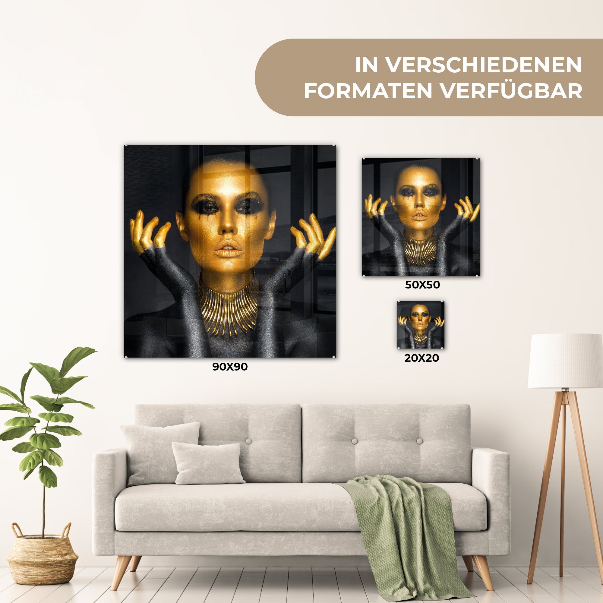 Wandbild - - Glas Porträt Gold Foto - Luxus Bilder - - MuchoWow auf Acrylglasbild - St), bunt Frau (1 Glasbilder - Wanddekoration Glas Schwarz, auf