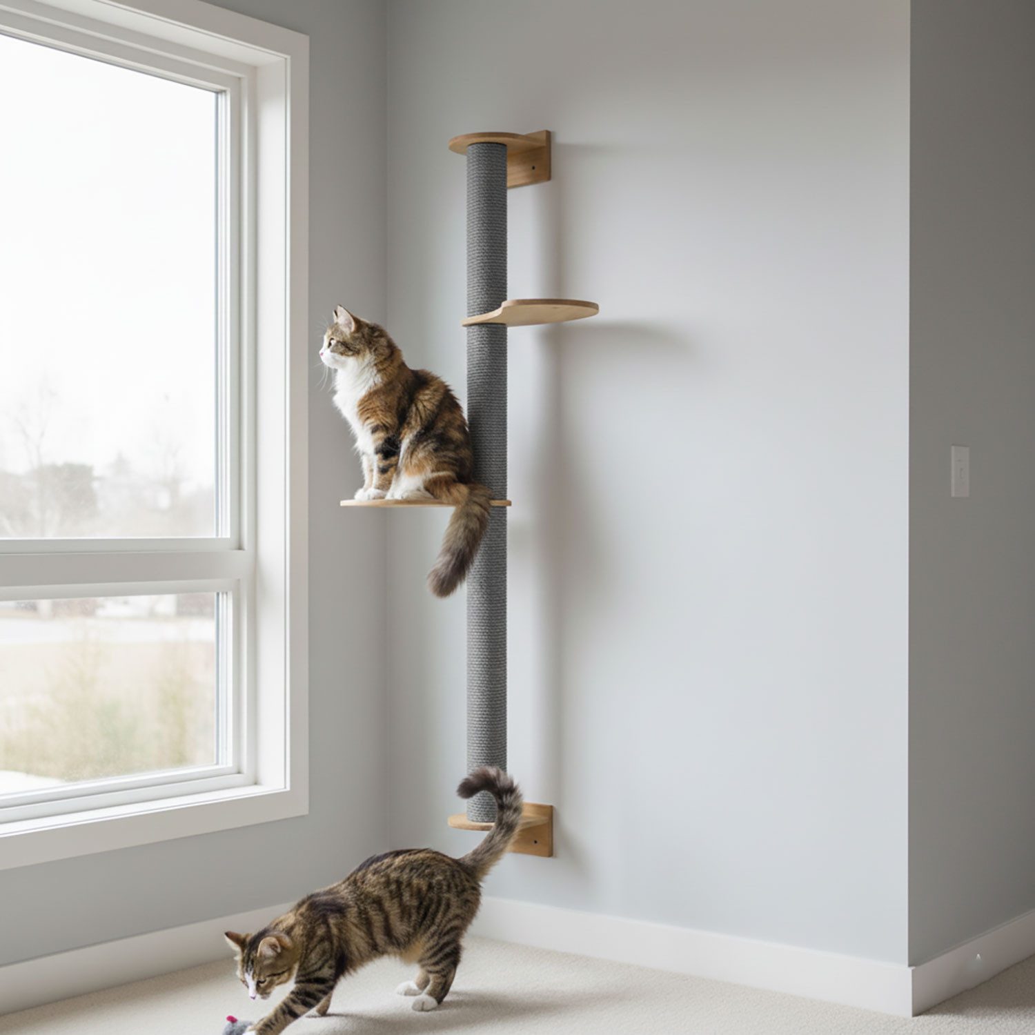 eyepower Kratzbaum zur Wandmontage - 130cm Wandkratzbaum für Katzen mit 2 Bambus Plateaus, Sisalstamm Wand - Katzenkratzbaum platzsparend - Kletterwand Katze