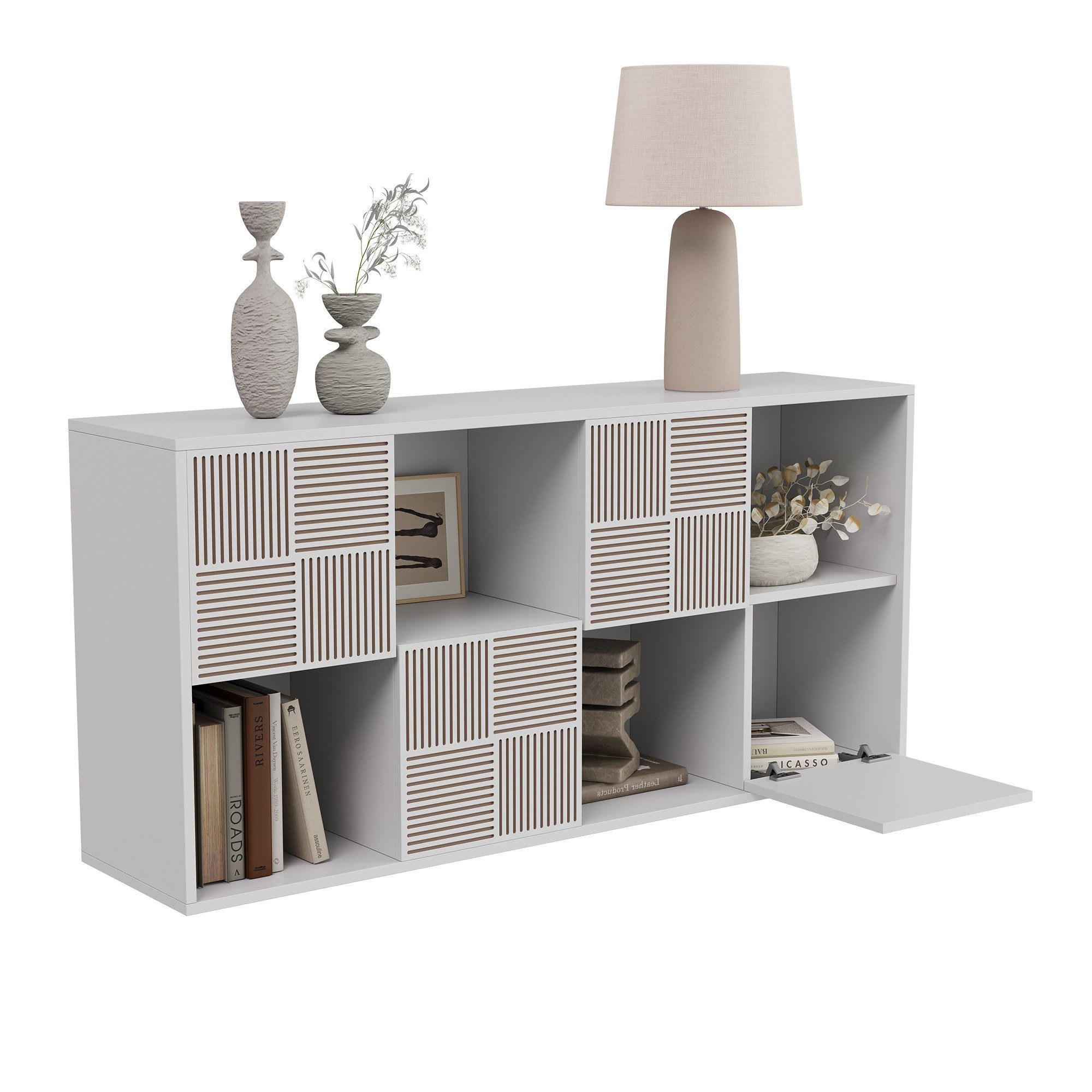 FUROKOY Bücherregal Bücherschrank mit 4 Türen 8 Fächern, für Arbeitszimmer Schlafzimmer Wohnzimmer, 125 x 30 x 60 cm