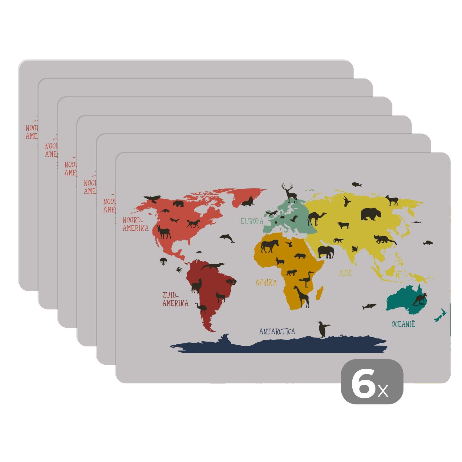 Platzset, Weltkarte Kinder - Tiere - Farben, MuchoWow, (6-St), Platzset, Platzdecken, Platzmatte, Tischmatten, Schmutzabweisend