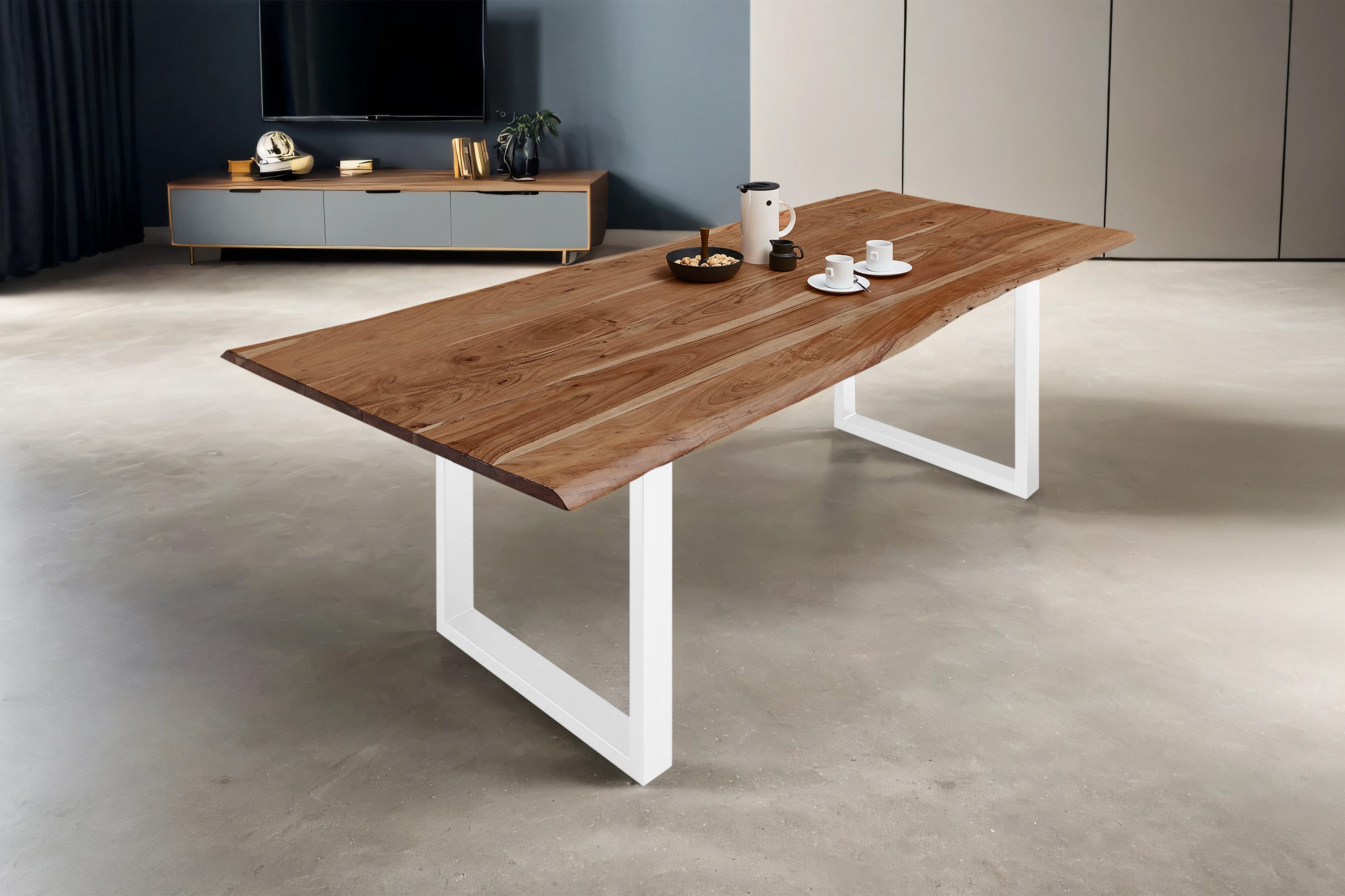 SAM® Baumkantentisch Lucy, Akazienholz, echte Baumkante, Metallgestell U-Form, bis 3,20 Meter