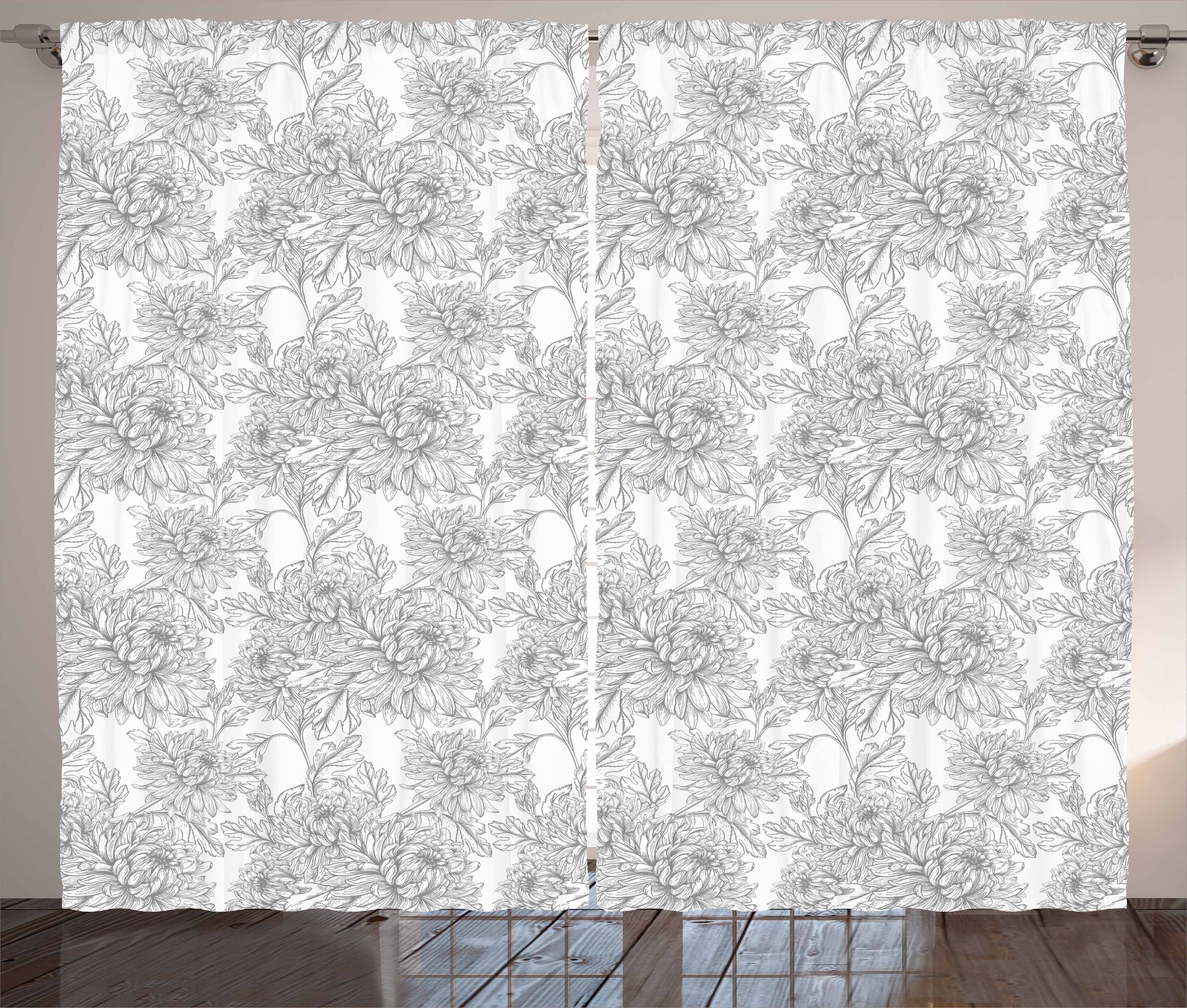 Gardine Schlafzimmer Kräuselband Vorhang mit Schlaufen und Haken, Abakuhaus, Grau und Weiß Chrysantheme