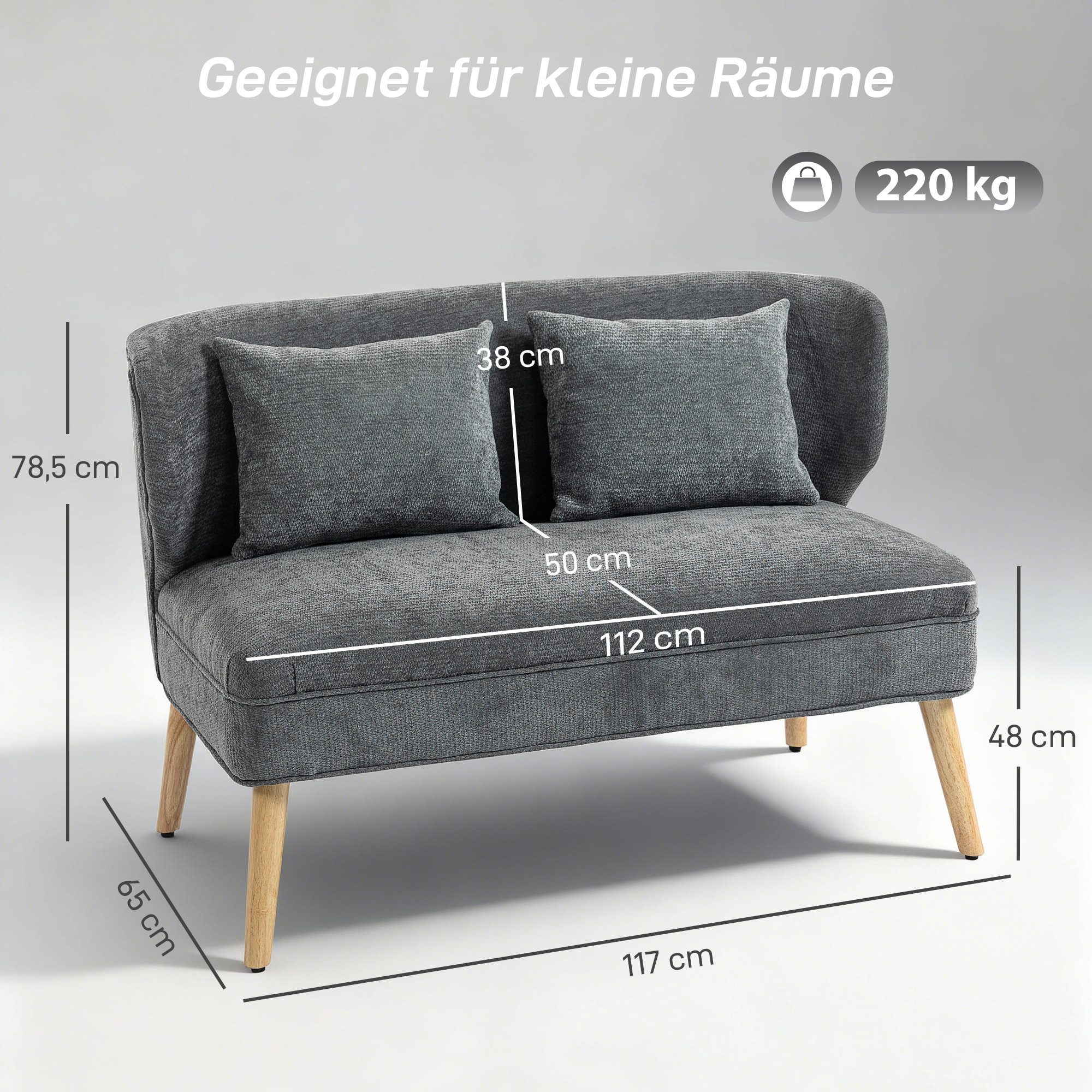 HOMCOM Loveseat kleine Couch mit Flügelrücken, 2 Wurfkissen (117 cm Dick Gepolstert Doppelsofa, 1-St., Modern Polstersofa), für Wohnzimmer, Schlafzimmer, Grau