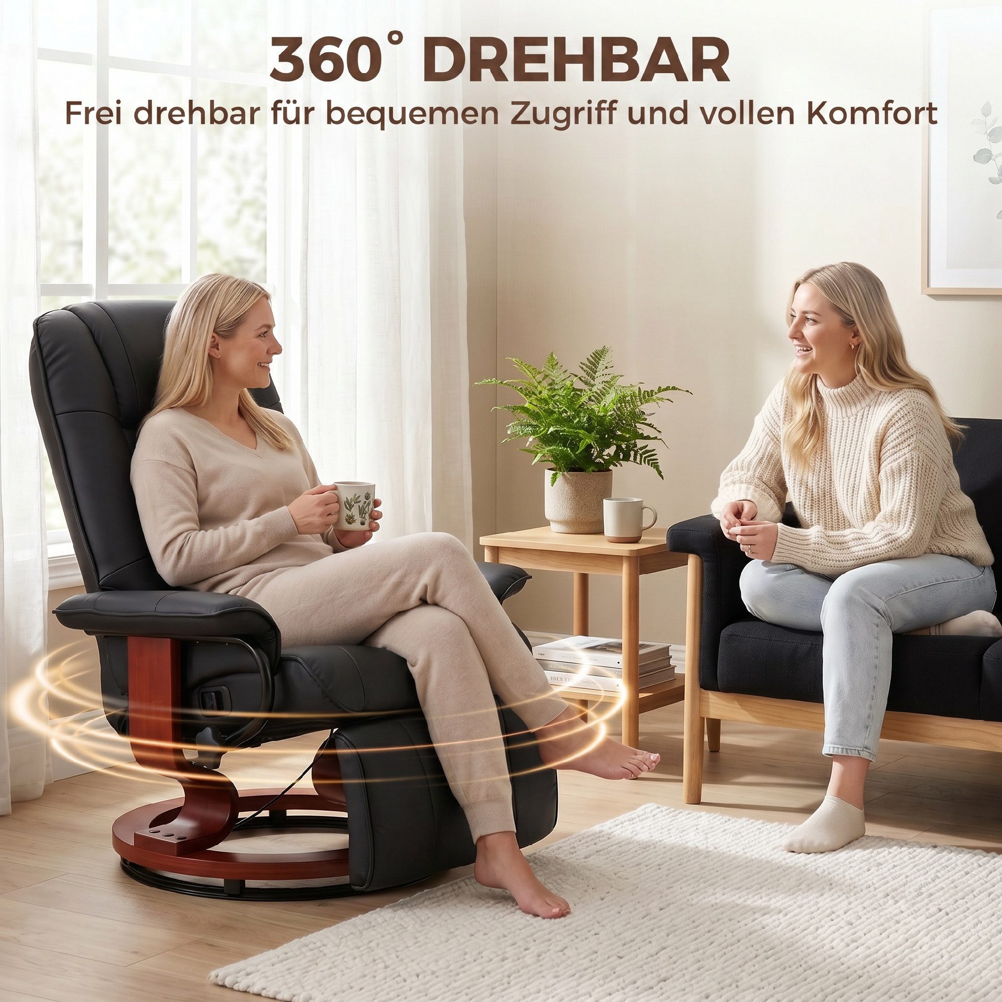 HOMCOM Relaxsessel Fernsehsessel Liegesessel mit Fußstütze aus Kunstleder 360° Drehstuhl Holzfuß Schwarz 145° neigbar 78 x 87 x 100 cm Aosom – Bild 5 von 5