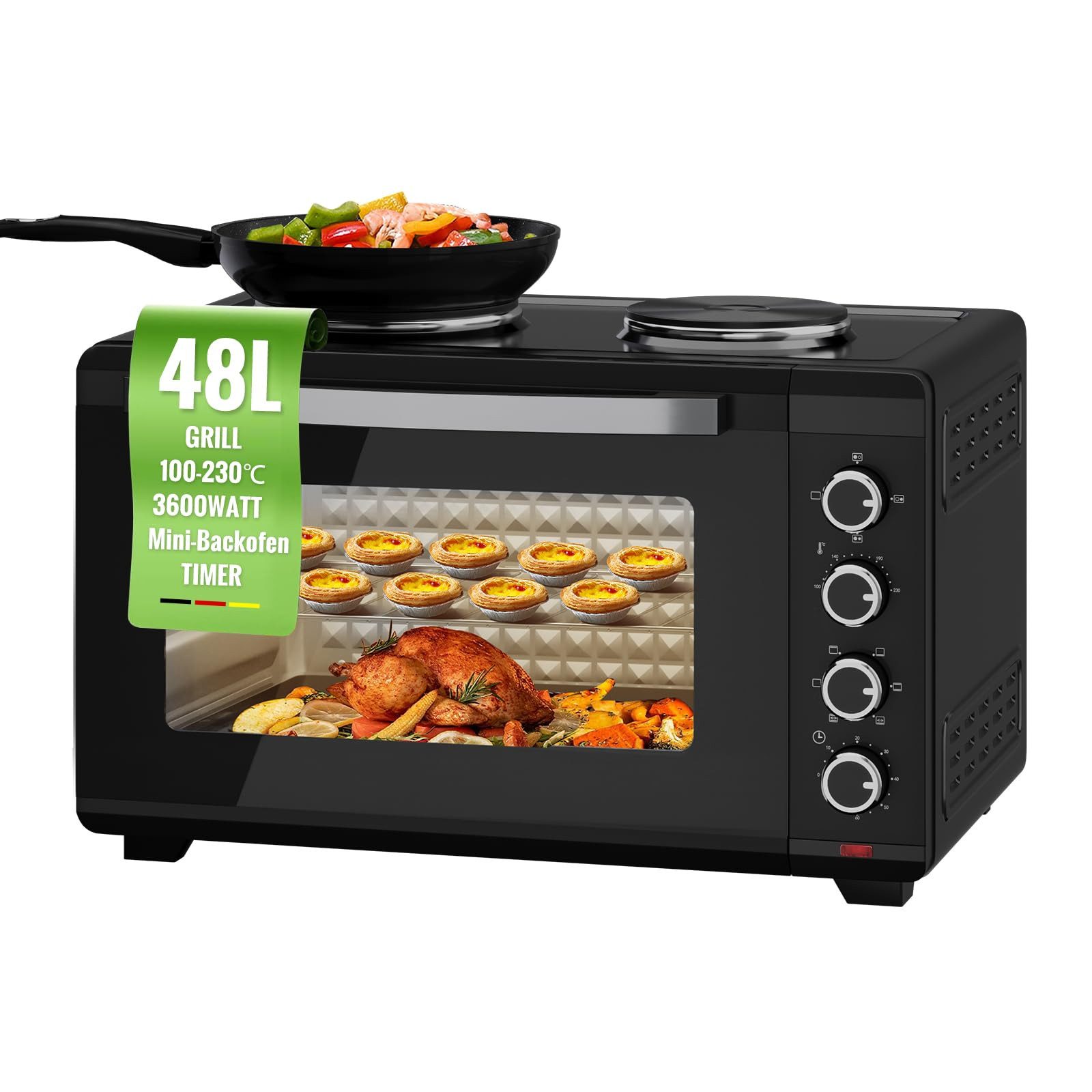 HOMELUX Minibackofen 48L mit Kochplatten und HäHnchengrill 1600W Pizza-Ofen, Ober-/Unterhitze Max 230°C, Geeignet für Camping & Kleinküchen