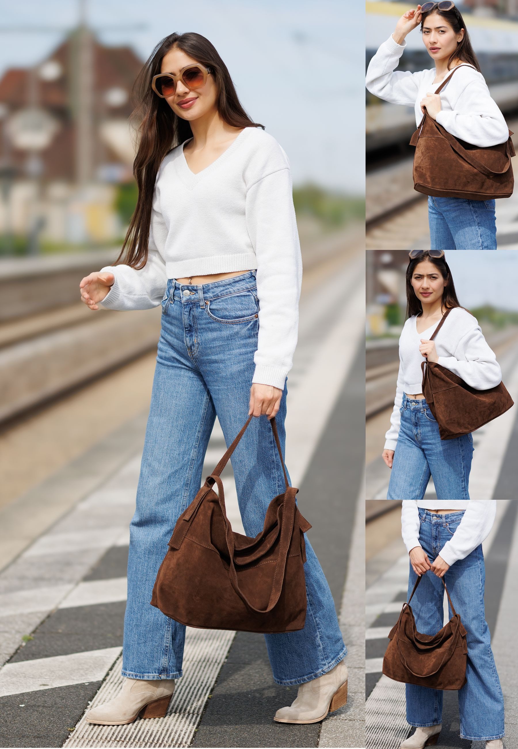 Caspar Schultertasche große Vintage Damen Leder Handtasche - PREMIUM LINE - Modell No.816, 100% italienisches Wildleder, samtig weich, angenehmer Tragekomfort – Bild 5 von 5