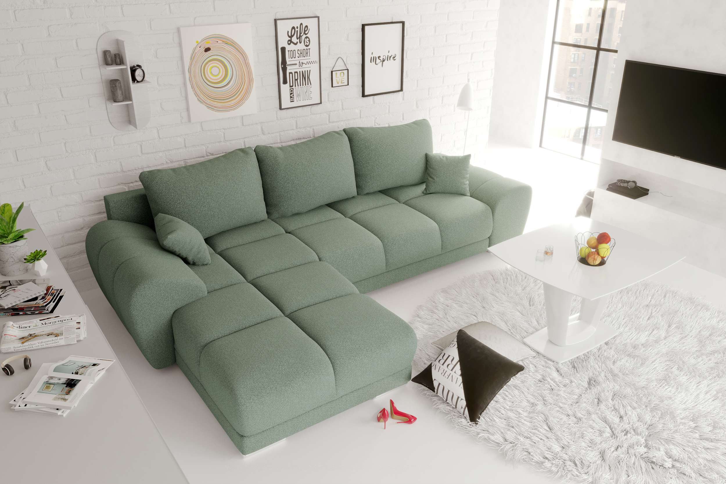 99rooms Ecksofa Antalya, Sofa L-Form, Eckcouch, mit Rückenkissen, Schlaffunktion, Strukturstoff NEVE
