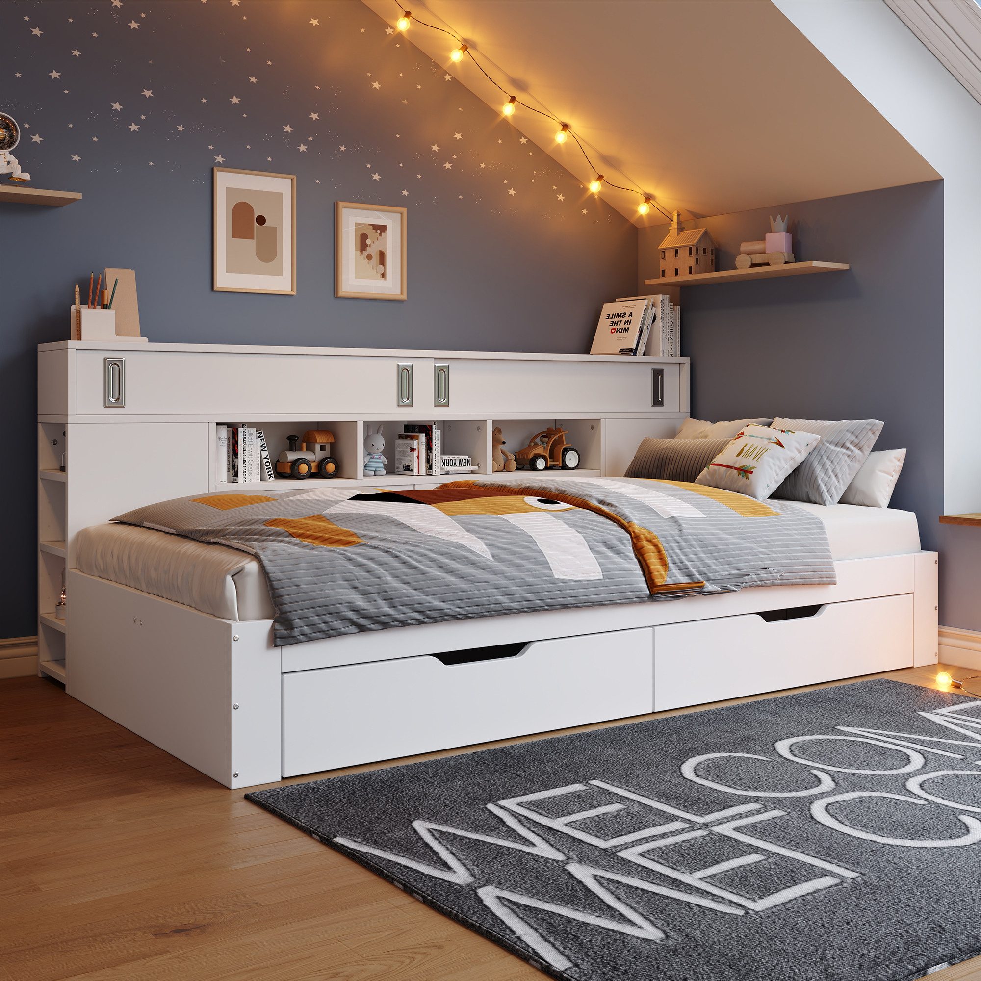 OKWISH Hochbett Bettkasten mit Stauraum (Daybett, Multifunktionales Kinderbett, mit Schubladen,Bücherregal und Stauschrank) 90*200cm, ohne Matratze