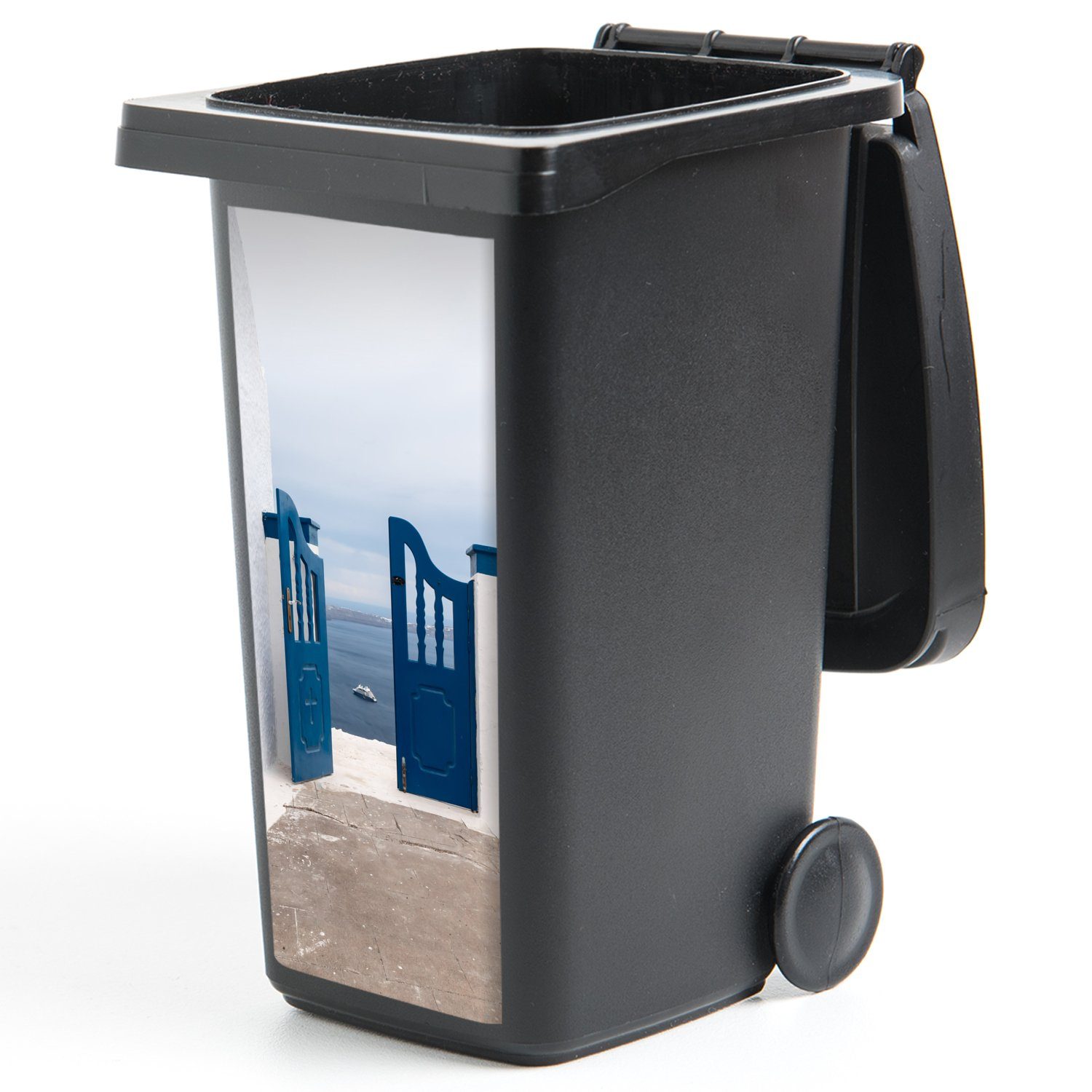 Blau MuchoWow - St), Sticker, Abfalbehälter Mülltonne, Tür (1 Container, Wandsticker - - Mülleimer-aufkleber, Architektur Weiß