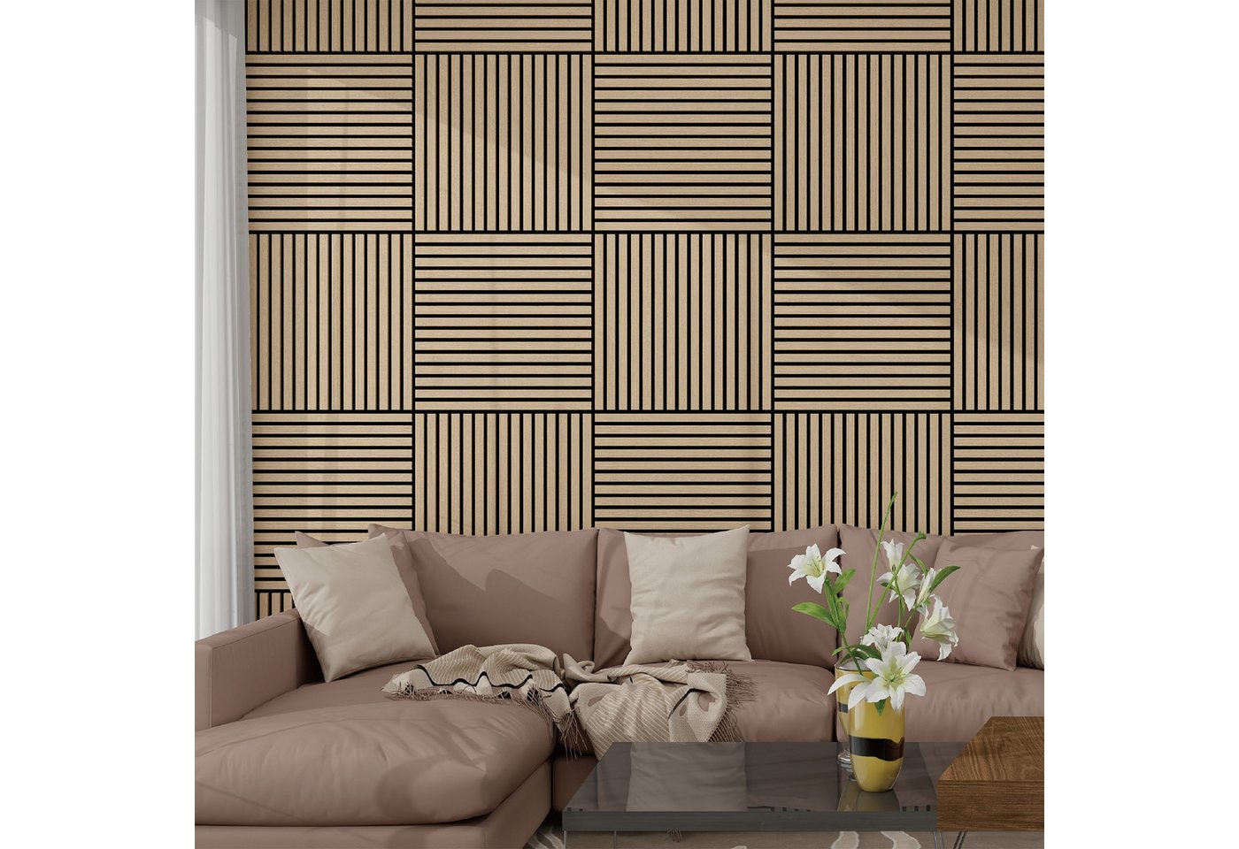 Thumbnail - neu.holz 3D Wandpaneel, BxL: 60x60 cm, (Set, 4-tlg) »Vang« mit geradlinigen Lamellen 60x60 cm Walnussoptik