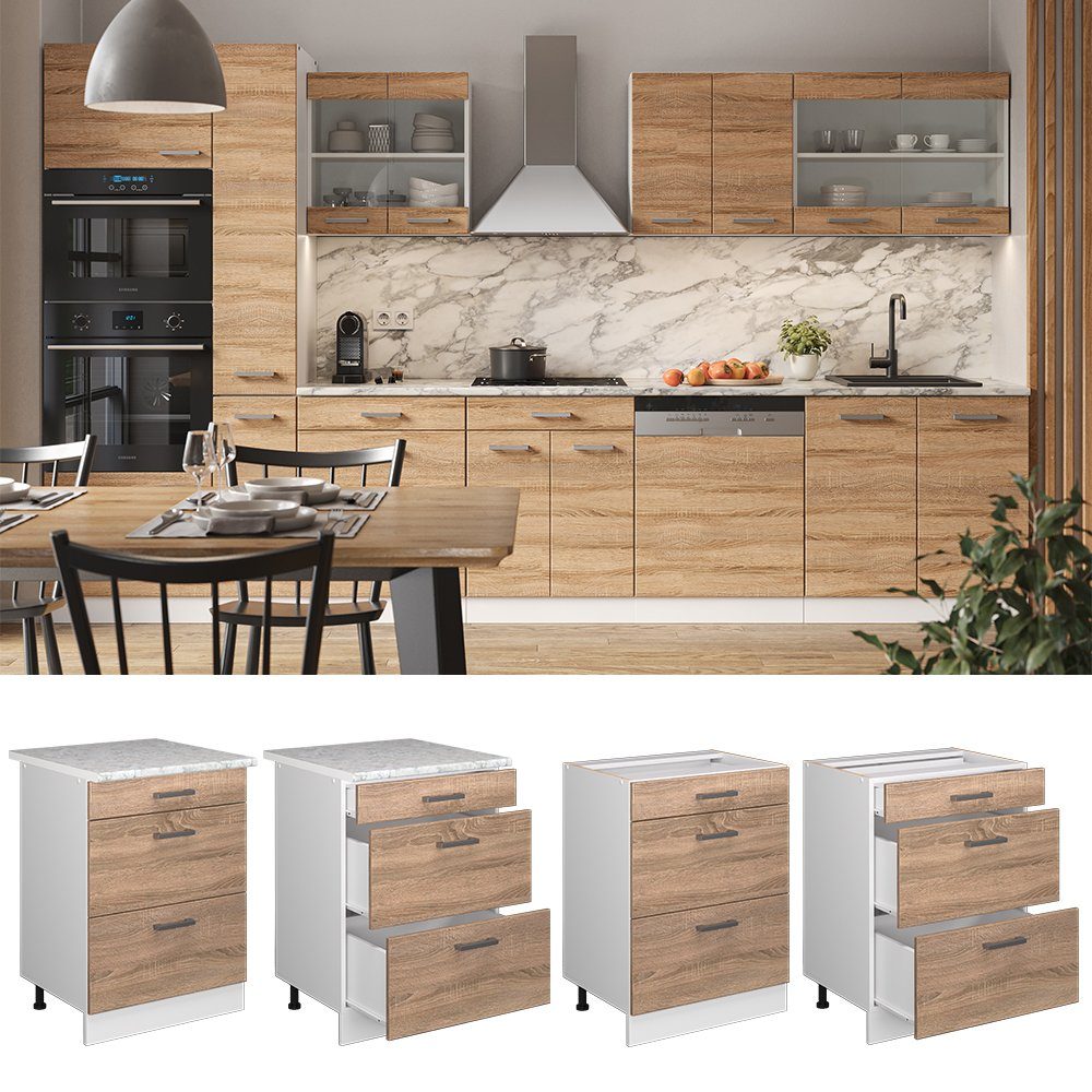 Vicco Unterschrank R-Line, Sonoma/Weiß, 60 cm mit Schubladen, ohne Arbeitsplatte (1-St)