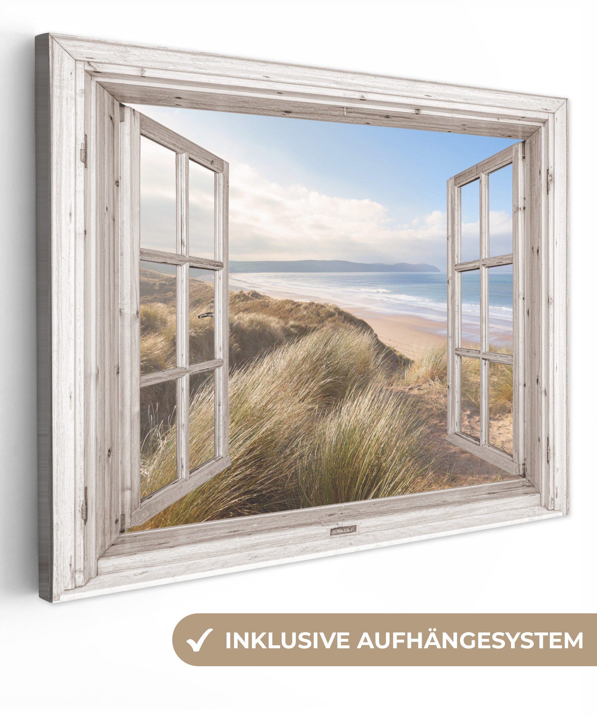 OneMillionCanvasses® Leinwandbild Durchblick - Strand - Meer - Dünen - Strandgras - Sand - Blau, Fotodruck (1 St), Leinwand Bilder für Wohnzimmer Schlafzimmer 80x60 cm