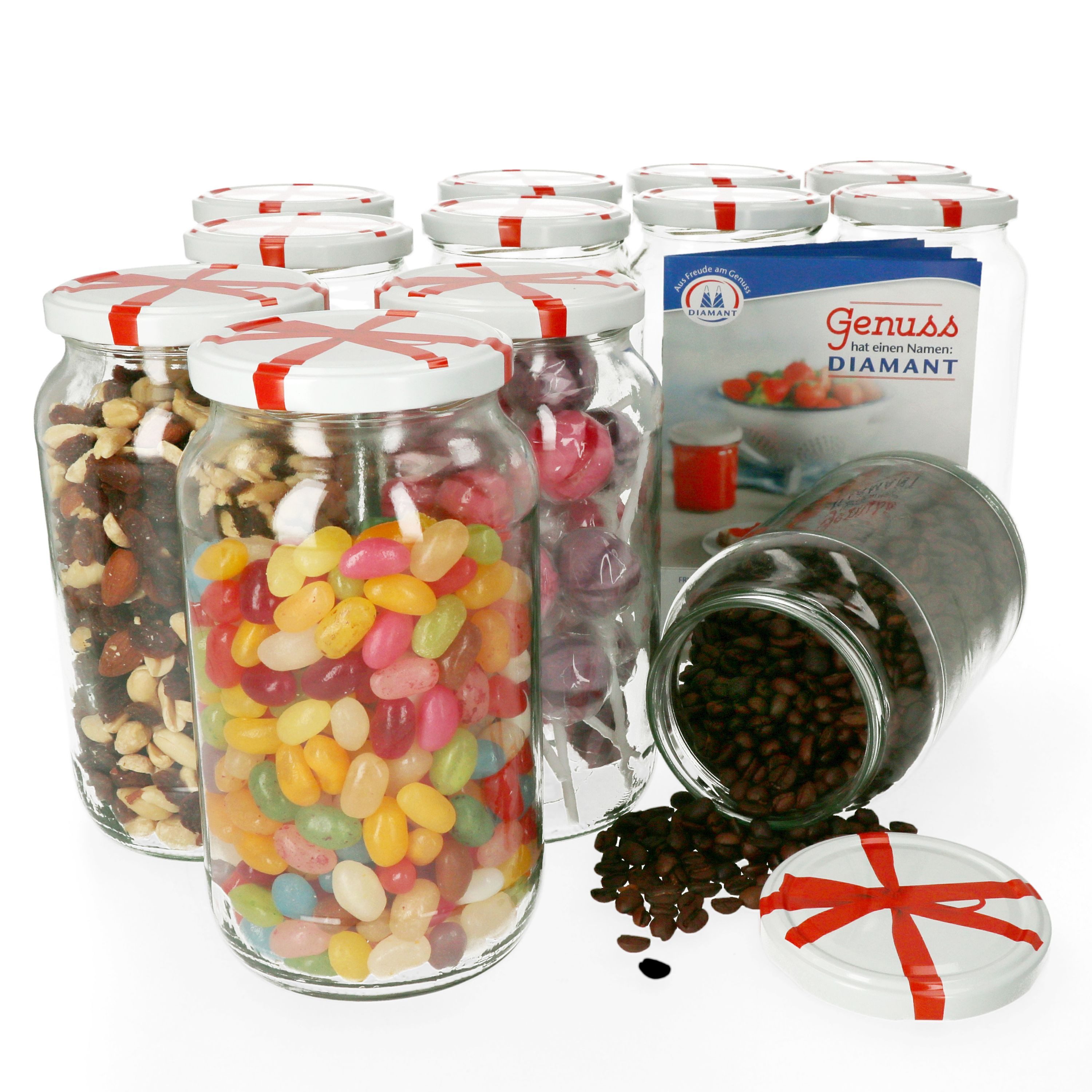 MamboCat Einmachglas 12er Set Rundglas 1062 ml To 82 Schleifendekor Deckel incl. Rezeptheft, Glas