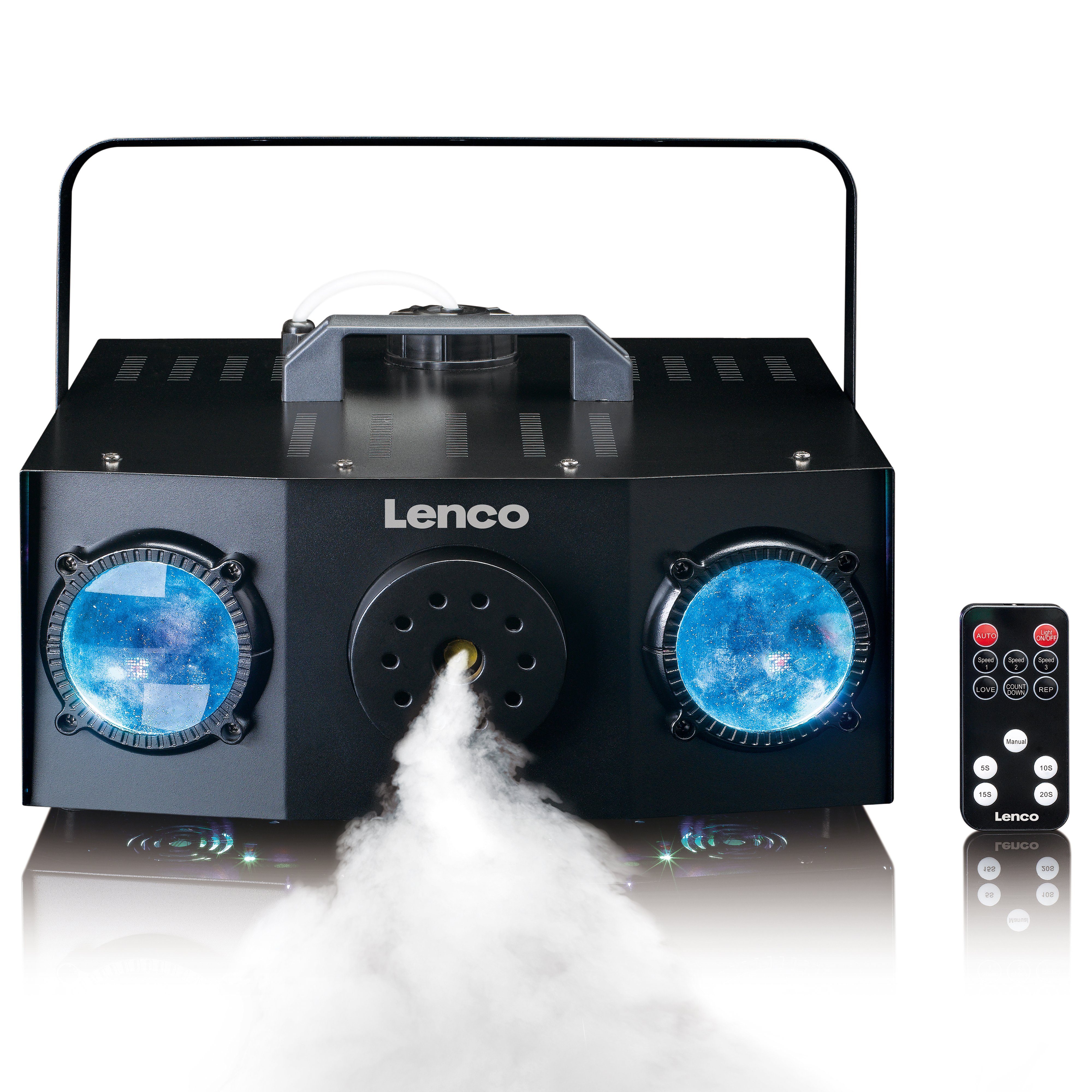 Lenco LED Discolicht LFM-220BK, Integriertes Lichtshow-Programm im Auto- und Musikmodus, Matrix LED,Nebel-machine, Blau,Grün,Rot