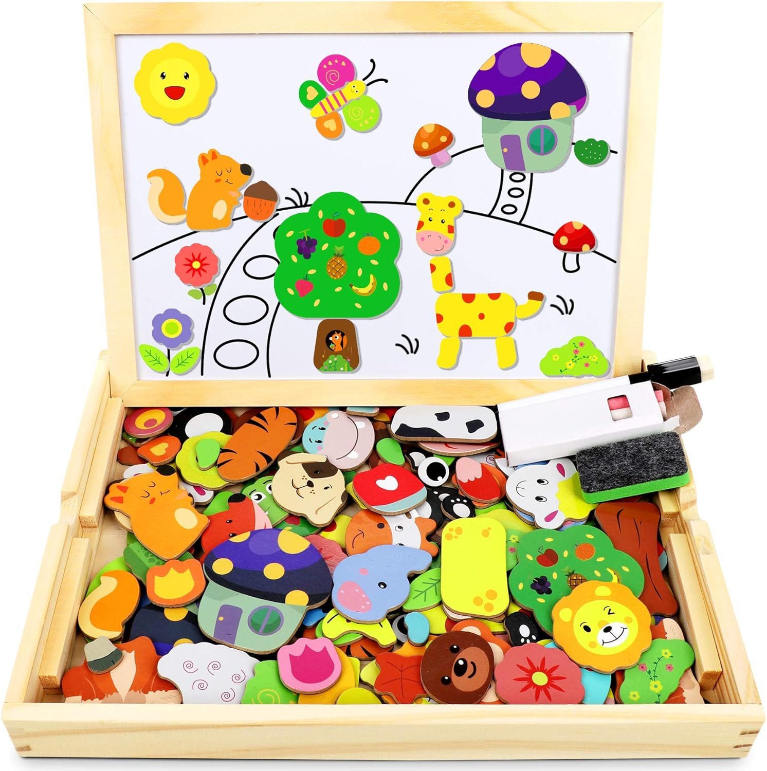 Ophy Puzzle Magnetisches Holzpuzzle (110 Teile) mit Rahmen & Magnettafel, Puzzleteile, Montessori Spielzeug ab 3 Jahren, kreatives Lernspielzeug für Kinder