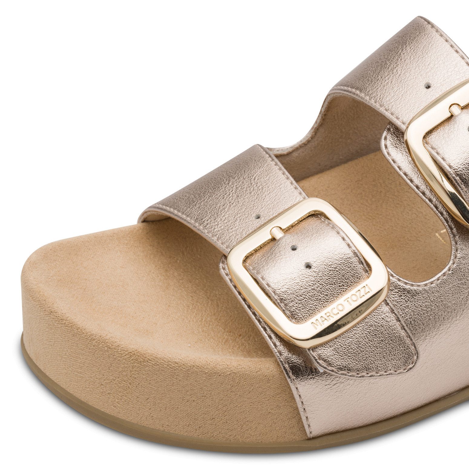 MARCO TOZZI CAPRIA Pantolette Sommerschuh, Schlüpfschuh mit Logoprägung in den Schnallen