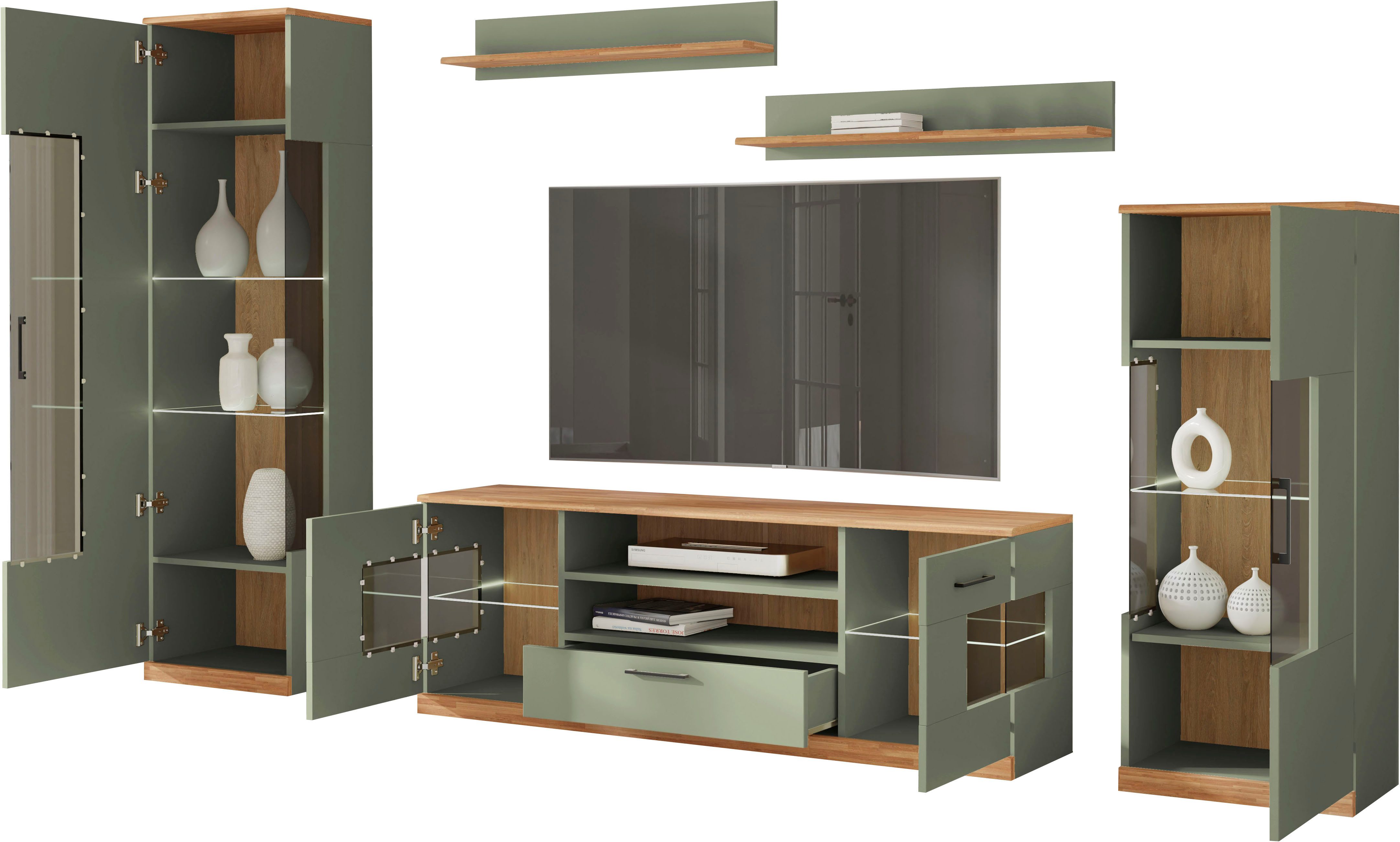 OTTO home Wohnwand Ribe: 5‑teilig, Oberplatte aus Massivholz, viel Stauraum, Trendfarbe, (5-St), Breite: 260cm, Glaseinsatz aus gehärtetem Glas, variable Einlegeboden