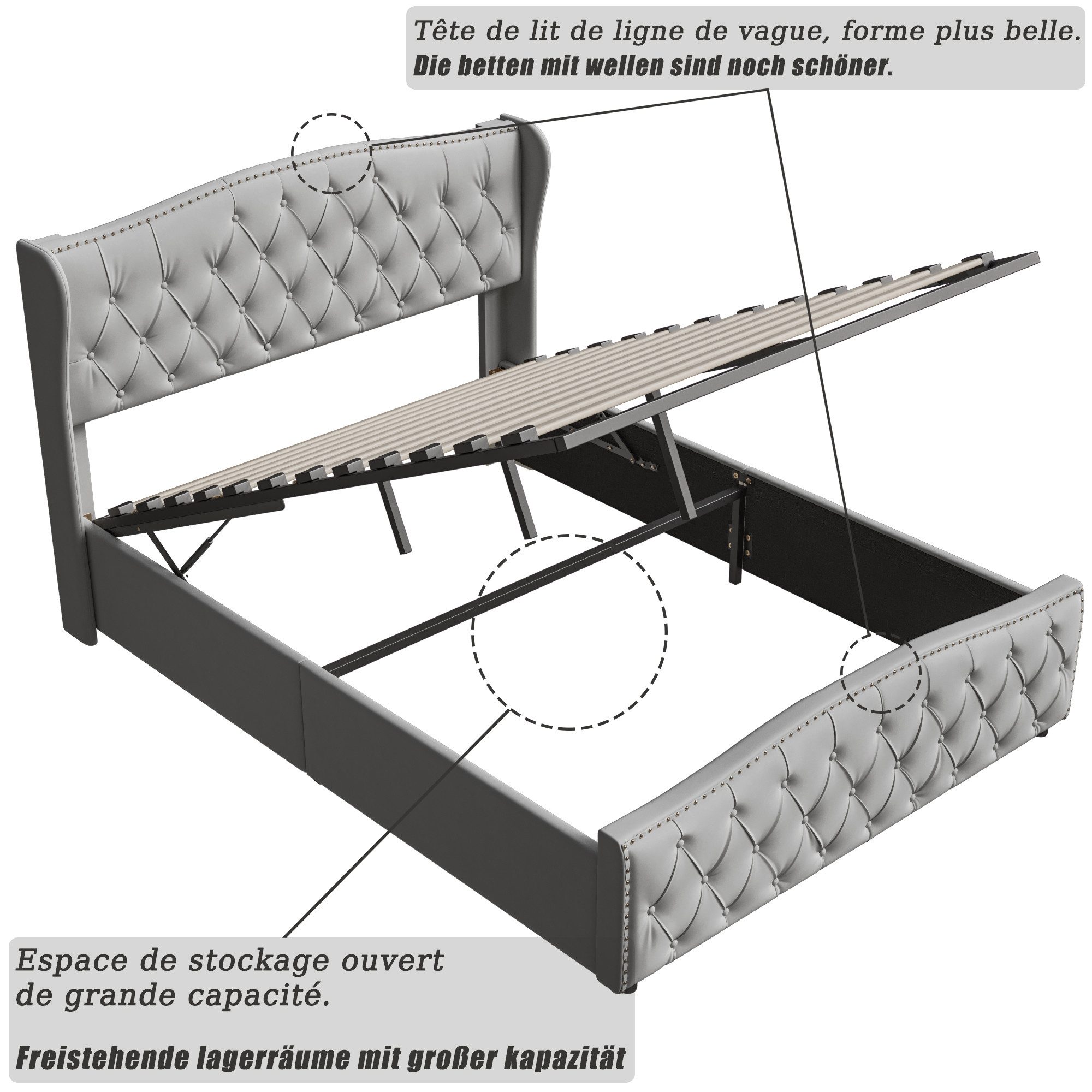 Yelenaro Polsterbett hydraulischer Stauraumbett mit Lattenrost, Doppelbett 140x200cm mit Kopfteil und Samtbezug Grau – Bild 4 von 5