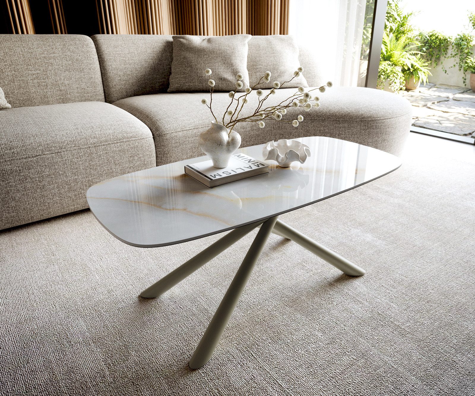 DELIFE Couchtisch Edge, Boot 100x50 cm Keramik Onyx Pearl Sarity Metall Effektfinish Titan