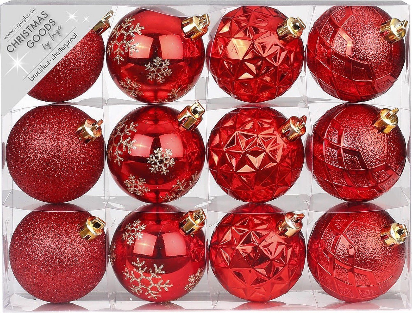 Christbaumschmuck Inge's Weihnachtskugeln 12 Stück 6 cm Rot, Kunststoff, bruchfest
